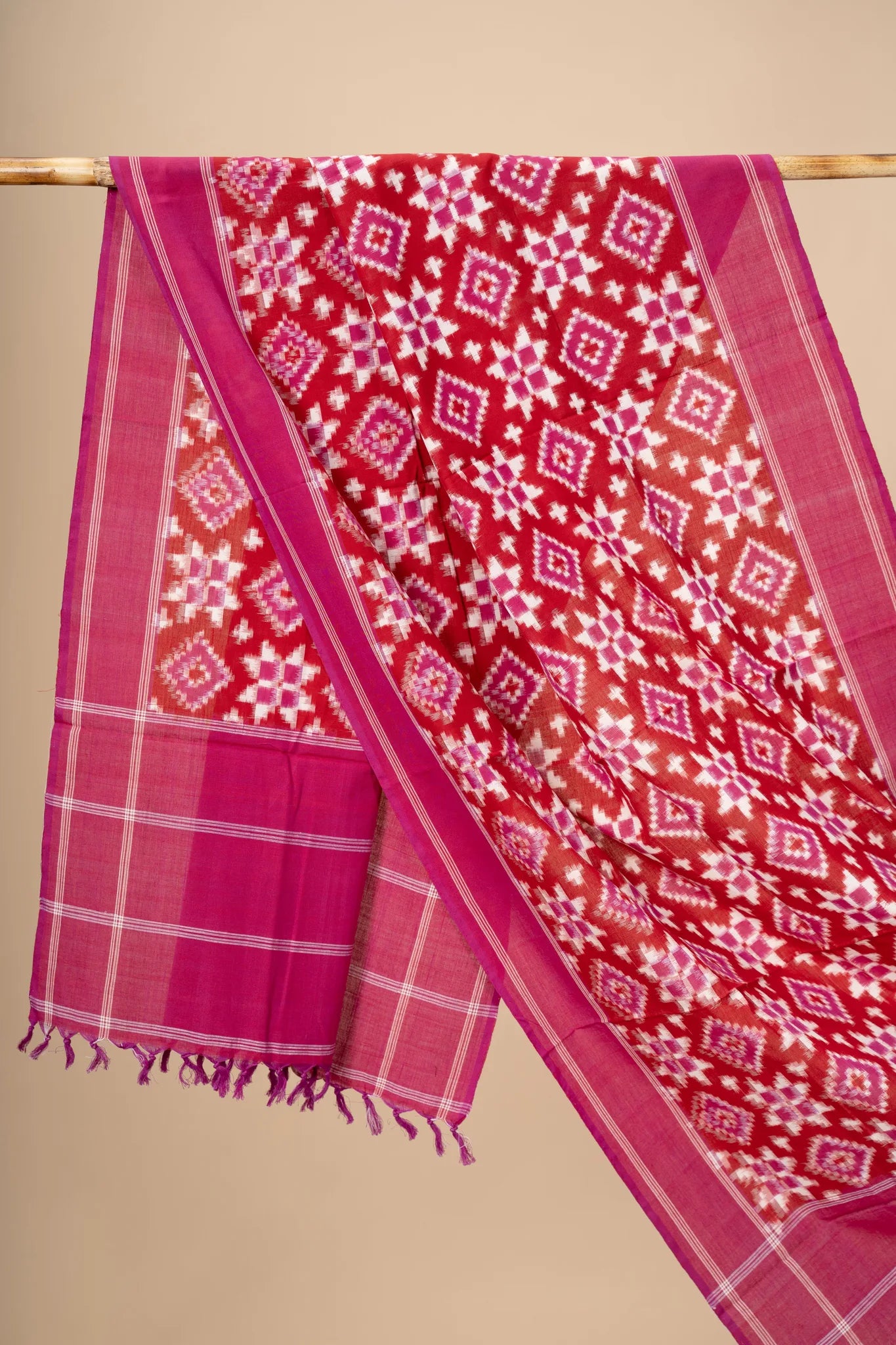 Pink Handwoven Ikkat Tilia Rumal Dupatta - view 2