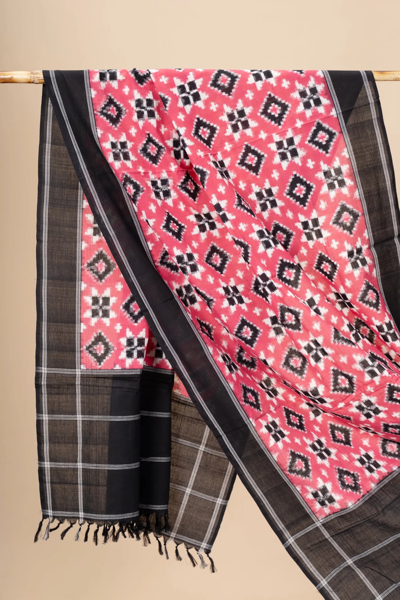 Black and Pink Handwoven Ikkat Tilia Rumal Dupatta - view 2