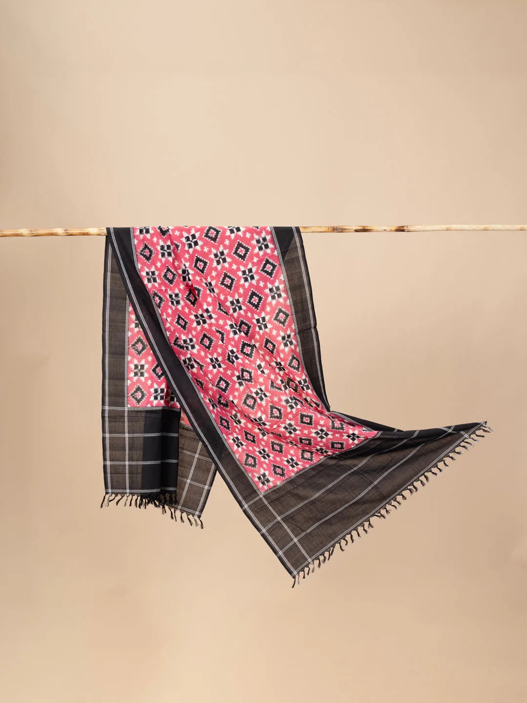 Black and Pink Handwoven Ikkat Tilia Rumal Dupatta