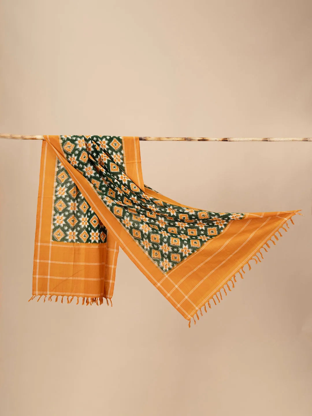 Yellow and Green Handwoven Ikkat Tilia Rumal Dupatta