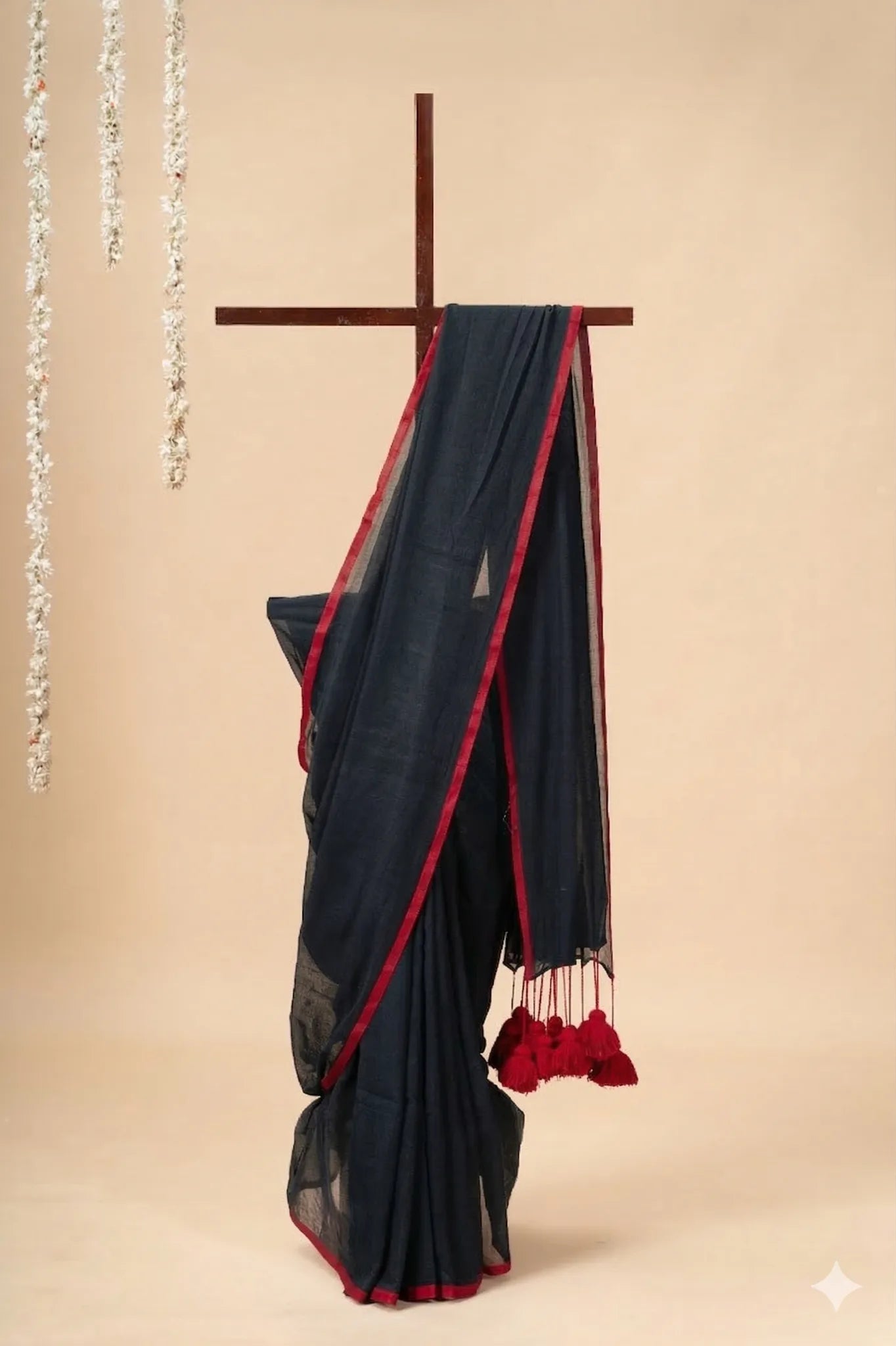 Black Mul cotton Saree with Red Pom-Pom - view 2