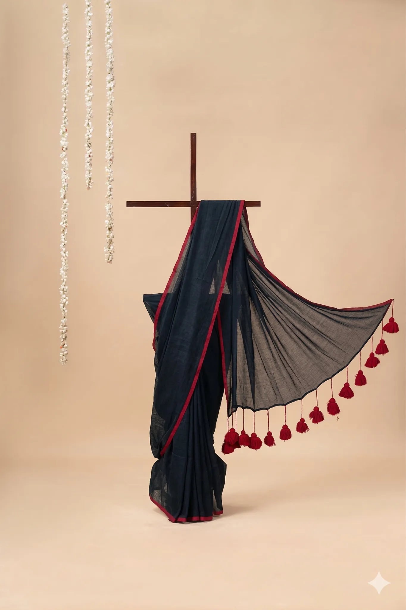 Black Mul cotton Saree with Red Pom-Pom