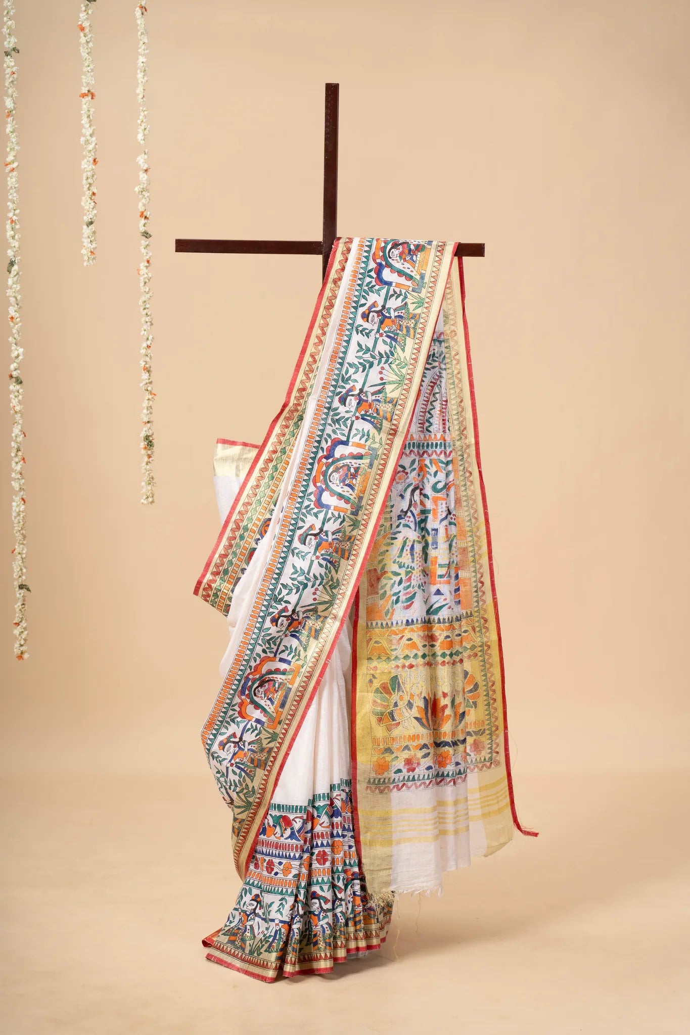 Ivory Hand-Painted Madhubani Linen Saree - view 2