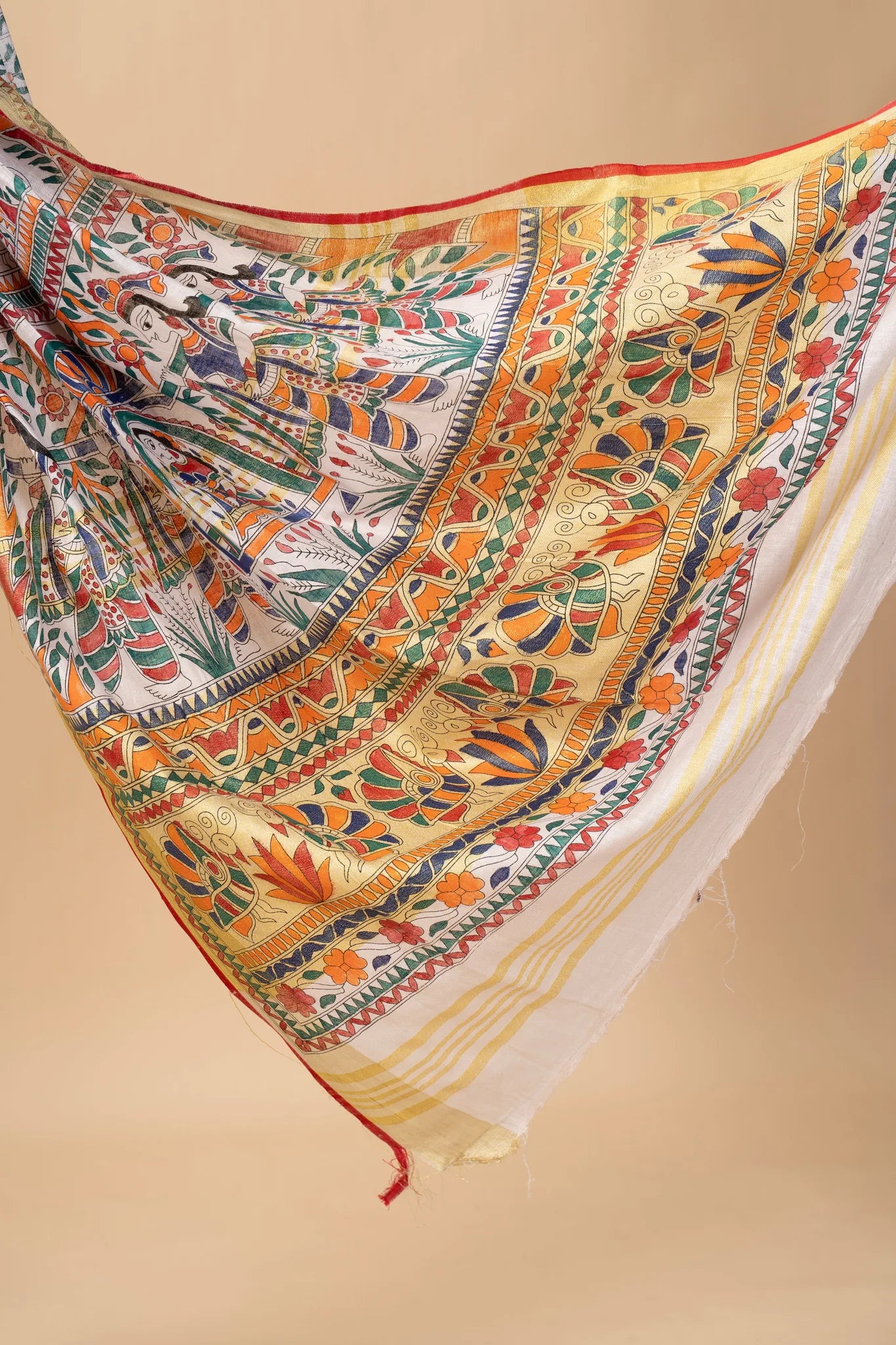 Ivory Hand-Painted Madhubani Linen Saree - view 3