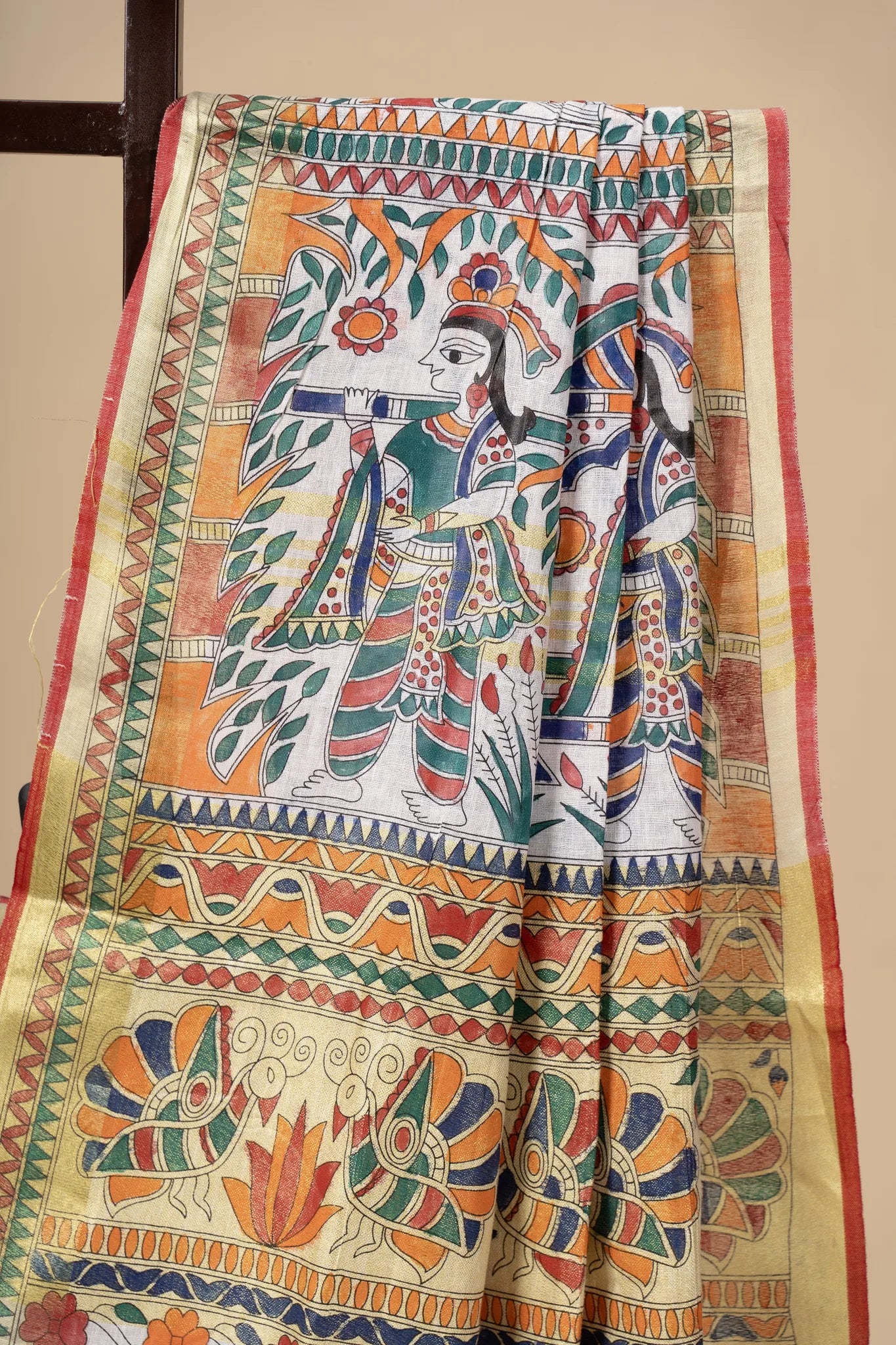 Ivory Hand-Painted Madhubani Linen Saree - view 4