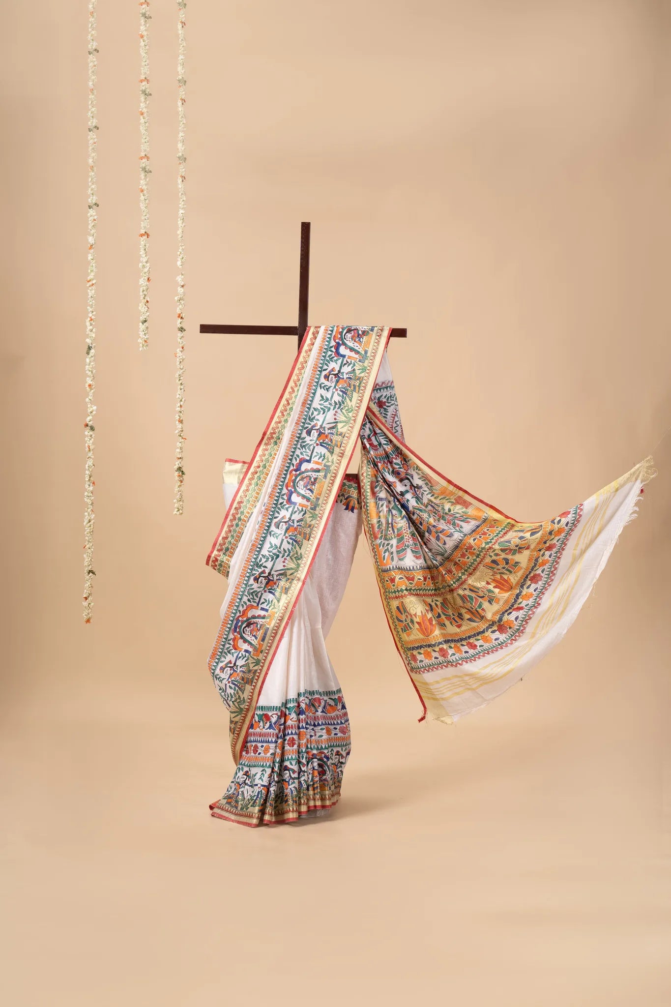 Ivory Hand-Painted Madhubani Linen Saree