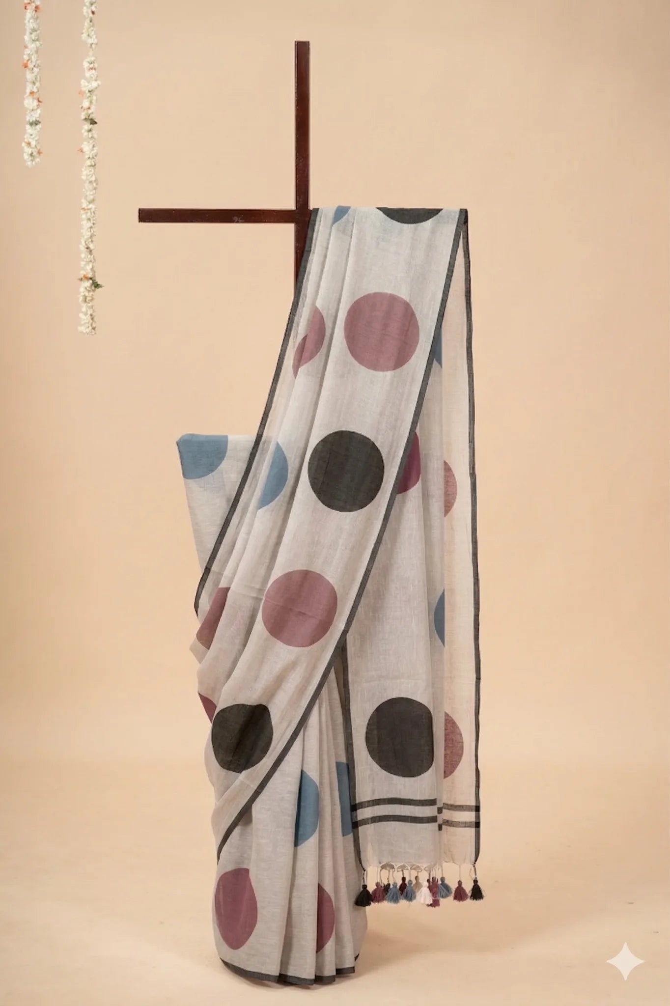 Ivory Mul Cotton Saree with Multicoloured Polka Dots - view 2
