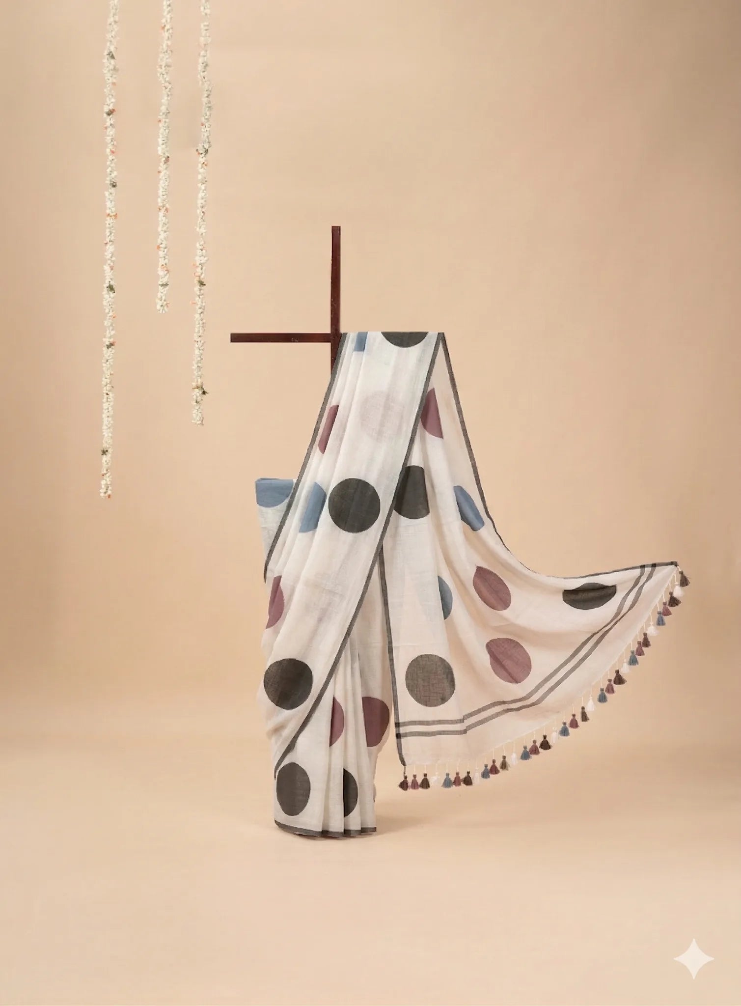 Ivory Mul Cotton Saree with Multicoloured Polka Dots
