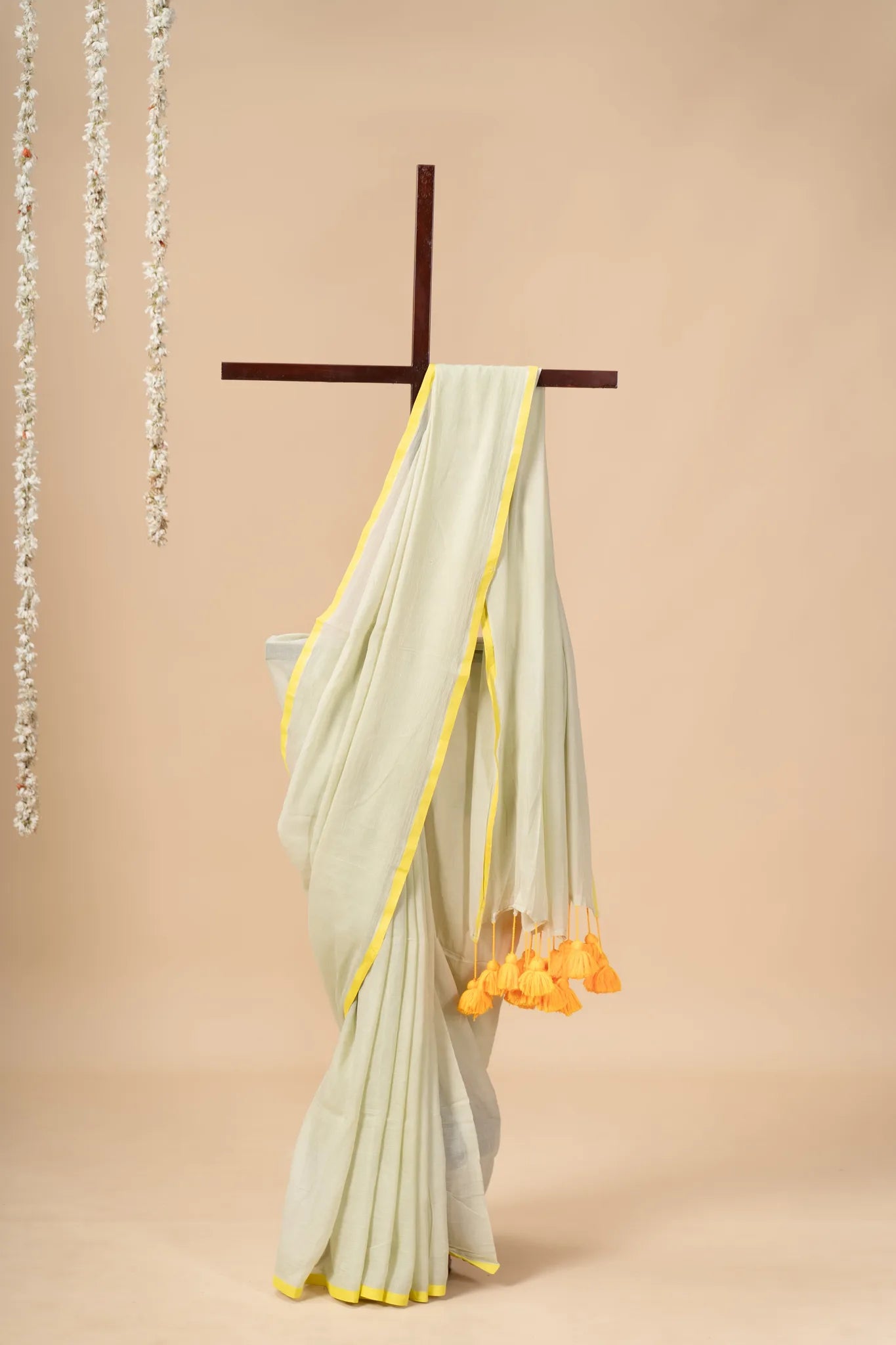 Light Yellow Mul Cotton Saree lemon Yellow Pom Pom - view 2