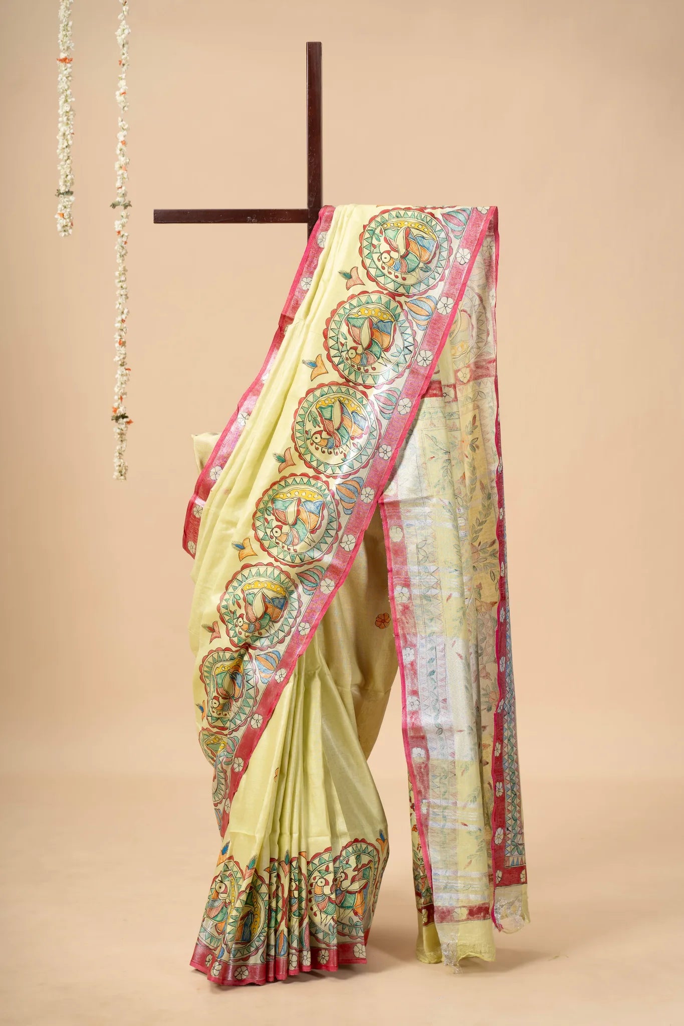 Lime Yellow Hand-Painted Madhubani Linen Saree - view 2