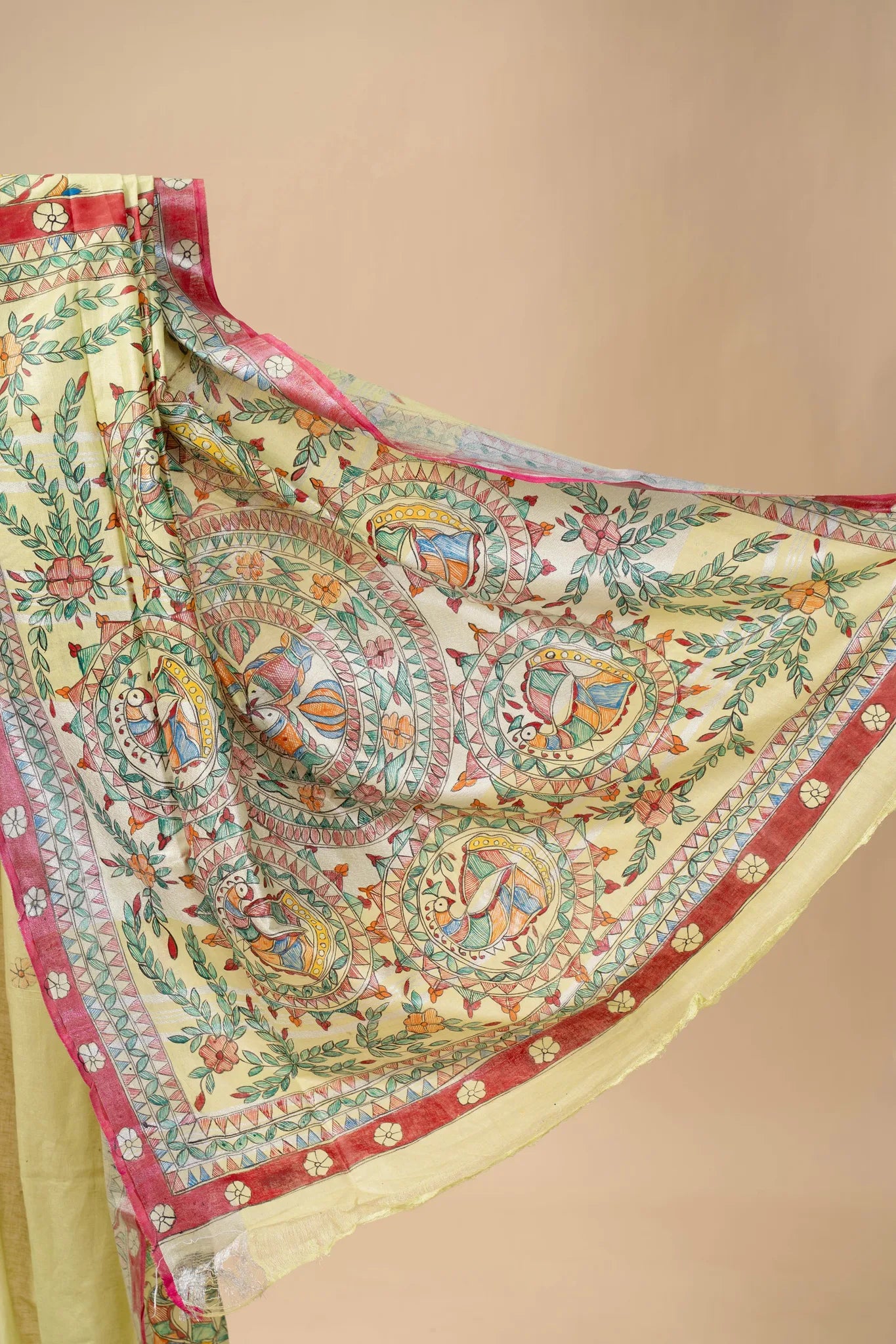Lime Yellow Hand-Painted Madhubani Linen Saree - view 3