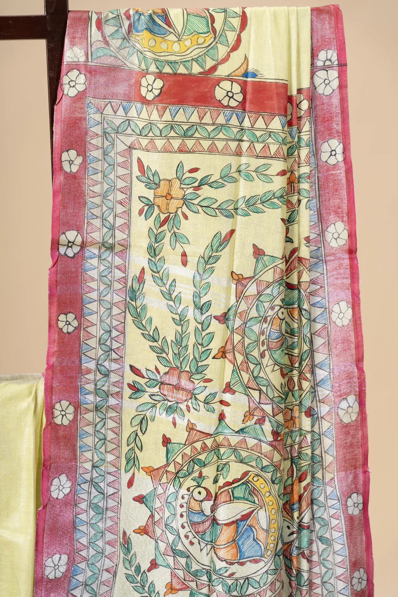 Lime Yellow Hand-Painted Madhubani Linen Saree - view 4