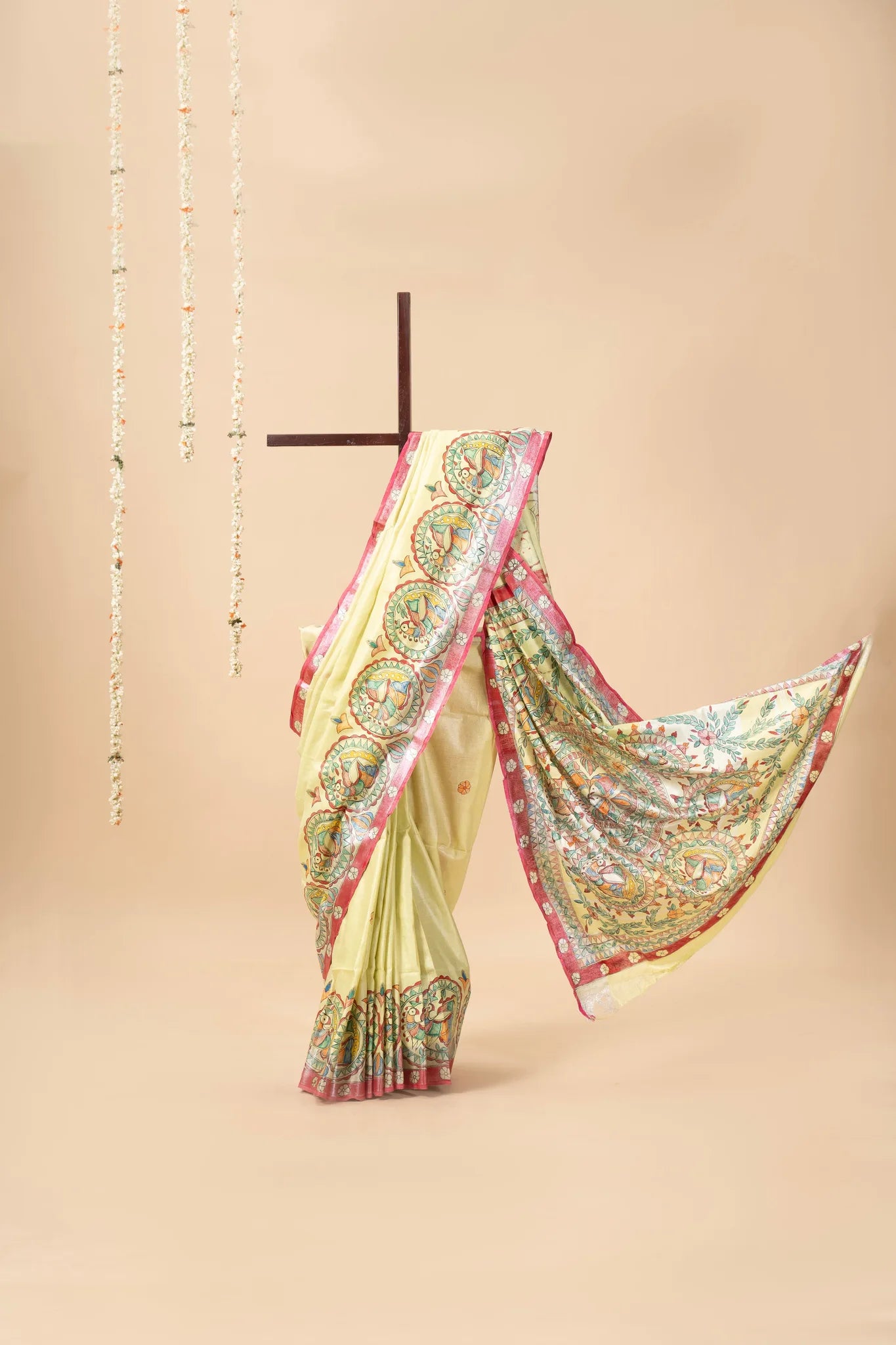 Lime Yellow Hand-Painted Madhubani Linen Saree