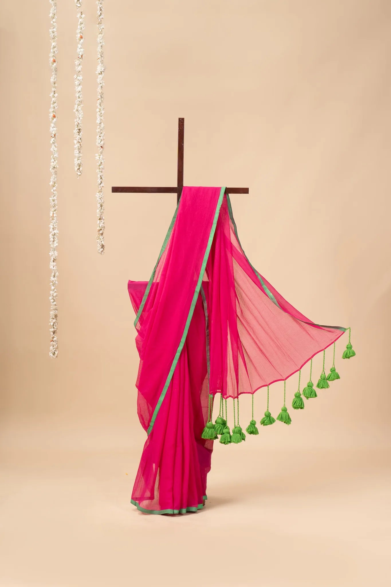 Pink Mul Cotton Saree with Green Pom Pom - view 2
