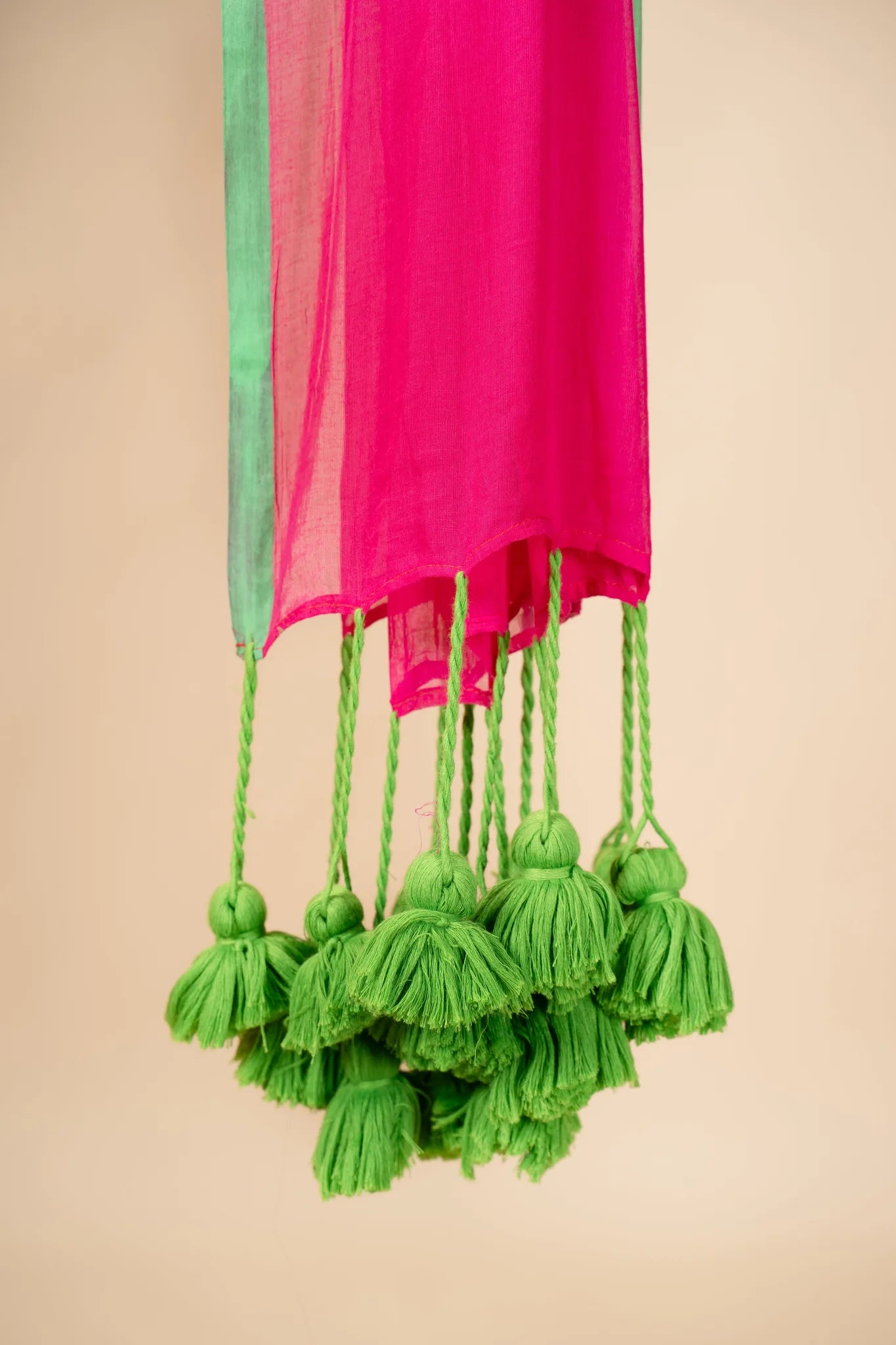 Pink Mul Cotton Saree with Green Pom Pom - view 4