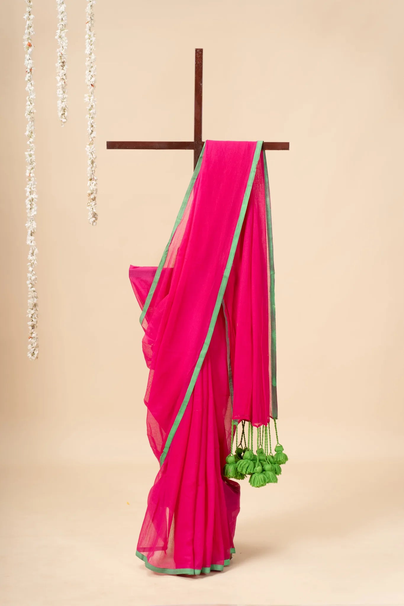 Pink Mul Cotton Saree with Green Pom Pom