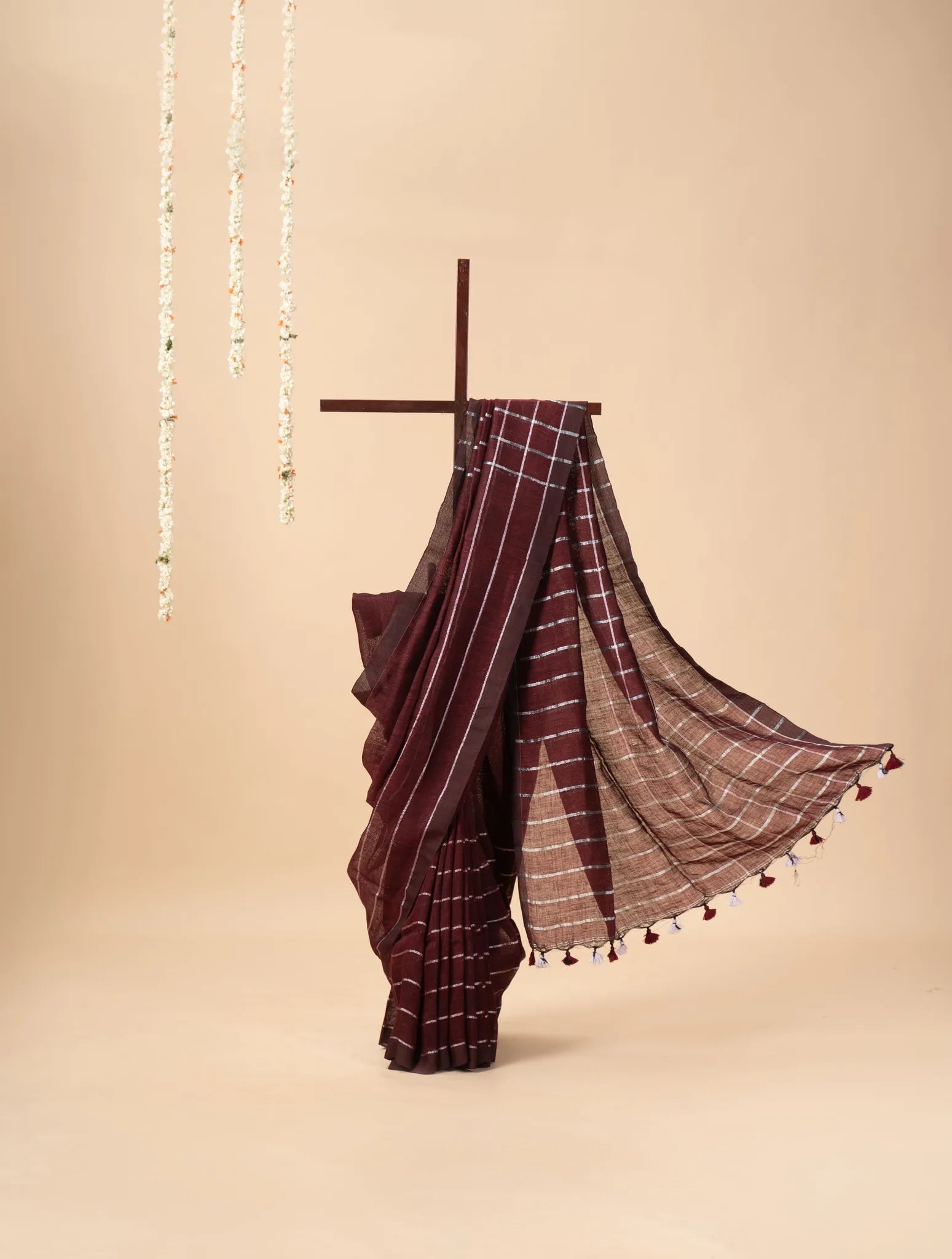 Maroon Linen Saree with Silver Stripes - view 2