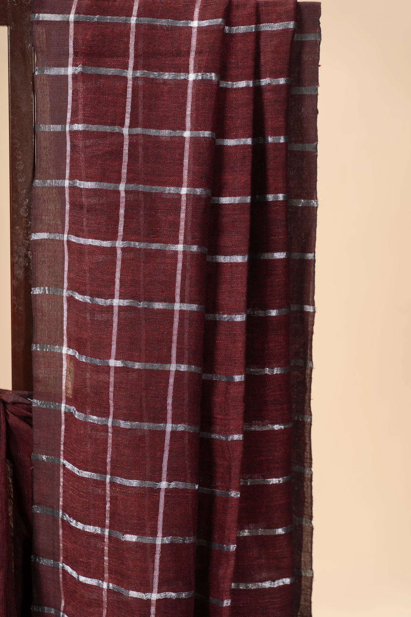 Maroon Linen Saree with Silver Stripes - view 3