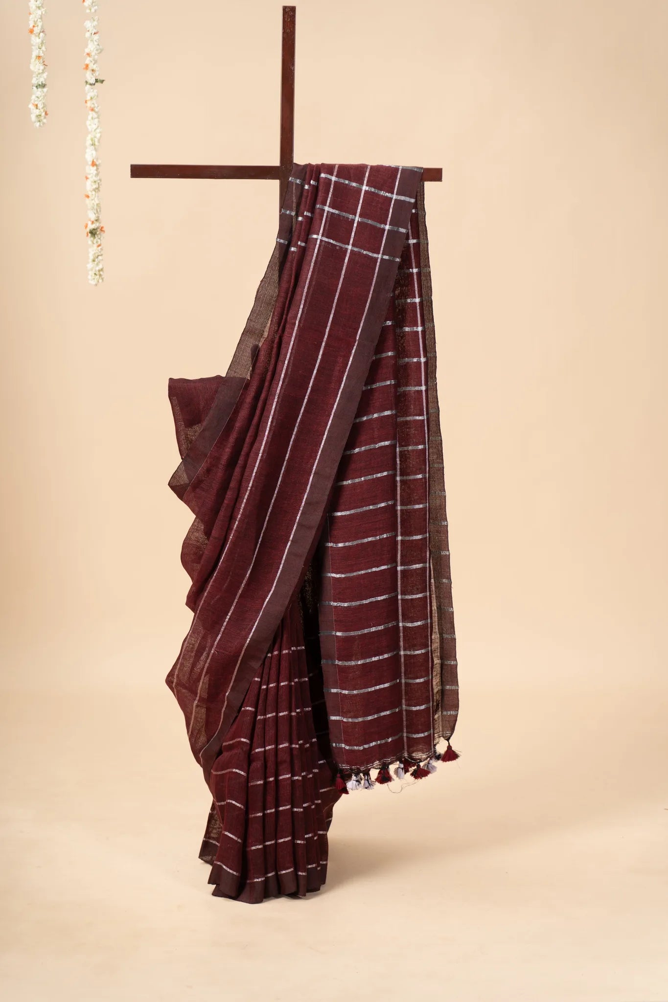 Maroon Linen Saree with Silver Stripes