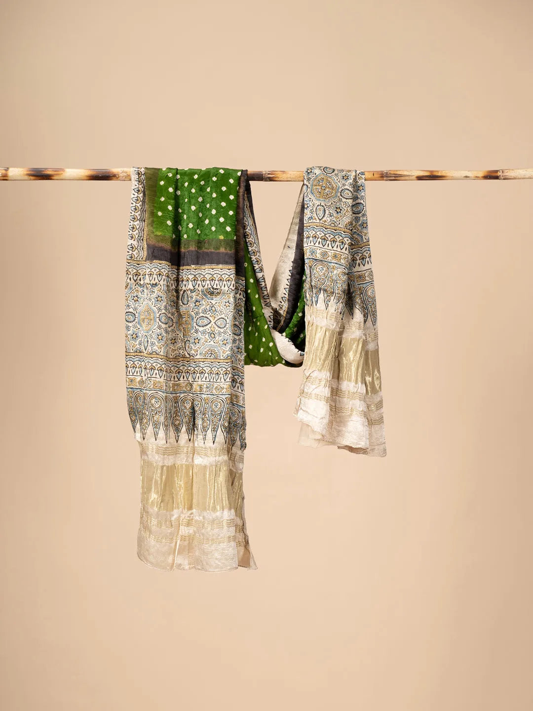 Green Modal Silk Ajrakh Dupatta with Bandani work - view 2