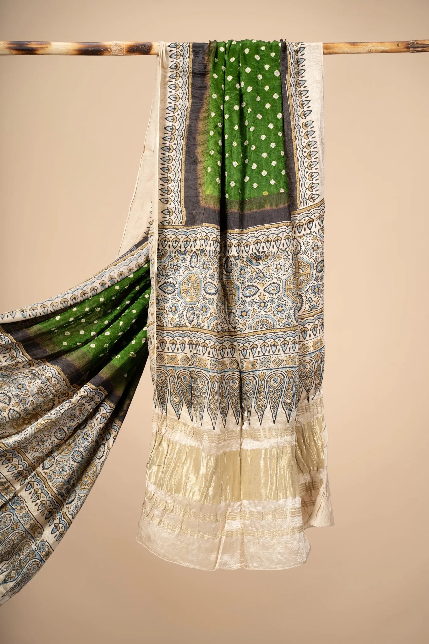 Green Modal Silk Ajrakh Dupatta with Bandani work - view 3