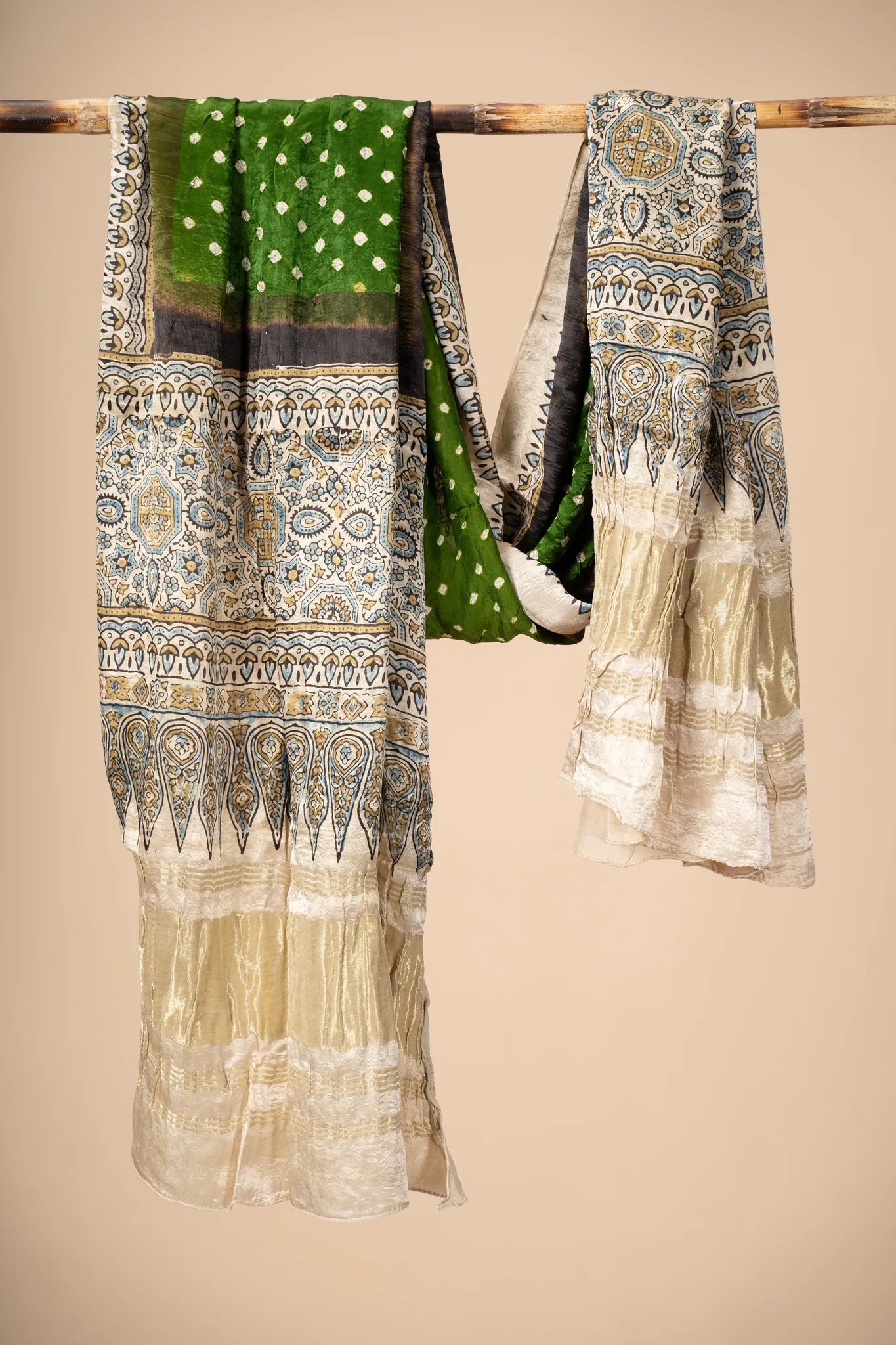 Green Modal Silk Ajrakh Dupatta with Bandani work