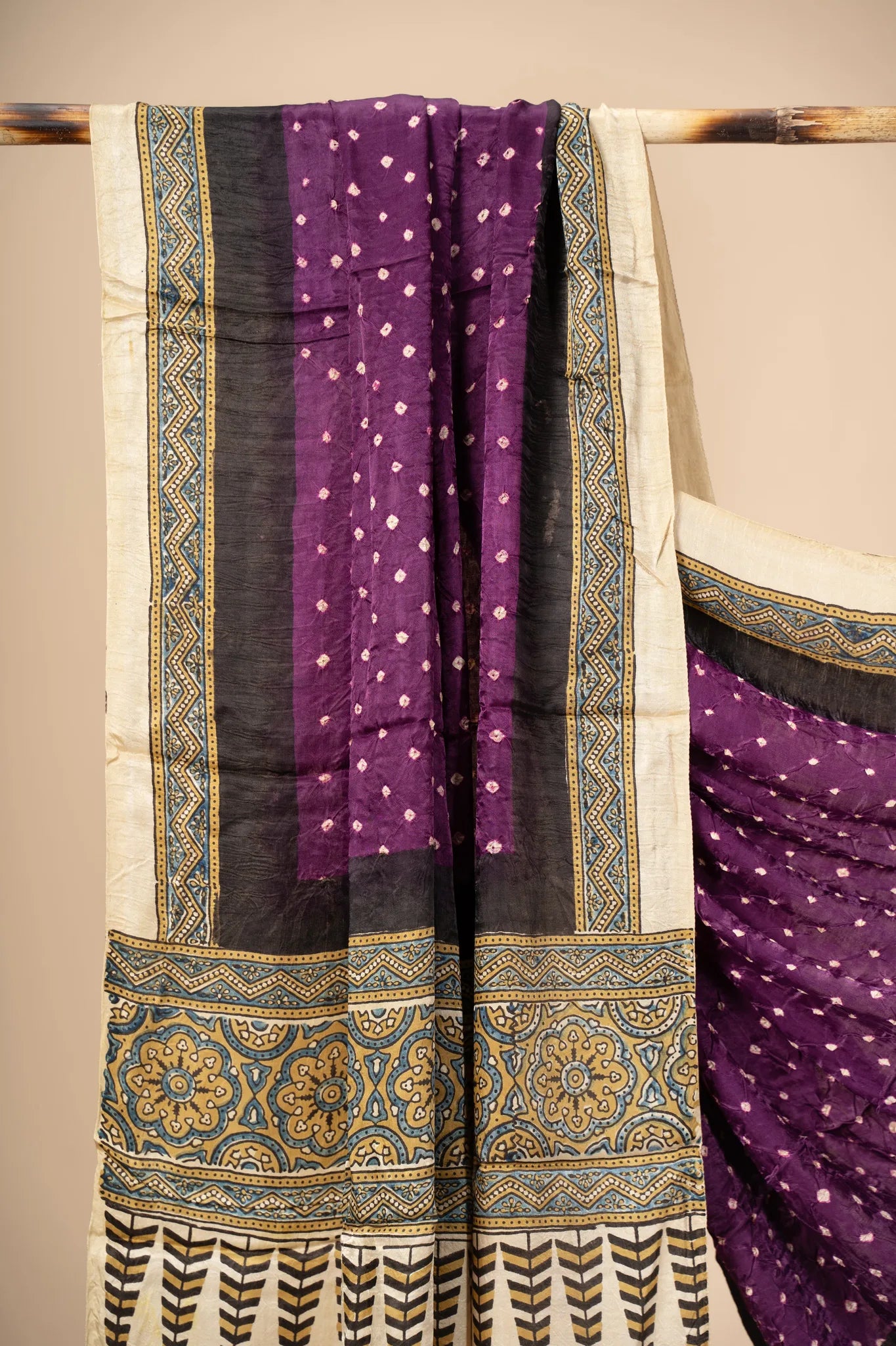 Purple Modal Silk Ajrakh Dupatta with Bandani work - view 2