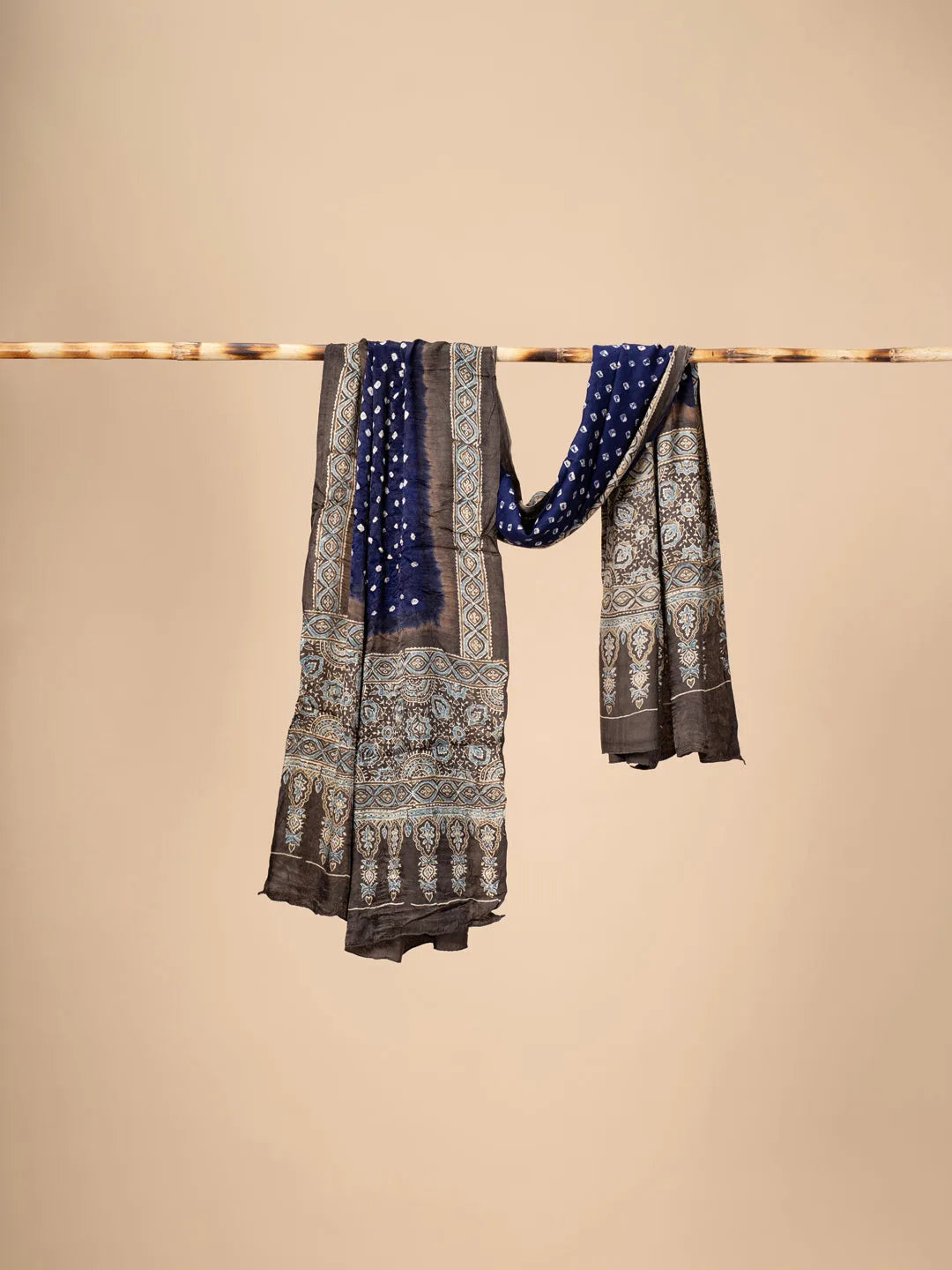 Dark Blue Modal Silk Ajrakh Dupatta with Bandani work - view 2
