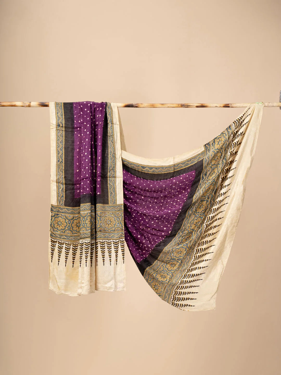 Purple Modal Silk Ajrakh Dupatta with Bandani work