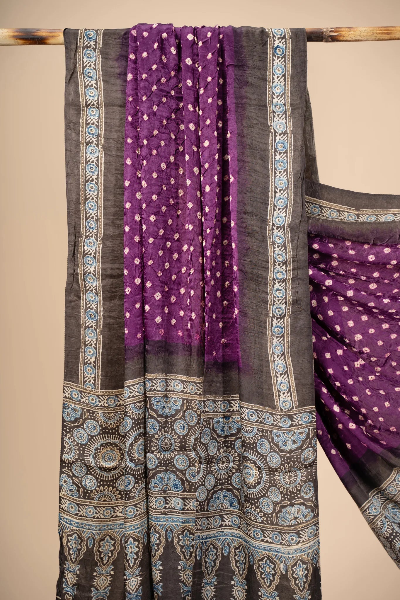 Purple Modal Silk Ajrakh Dupatta with Bandani work - view 2