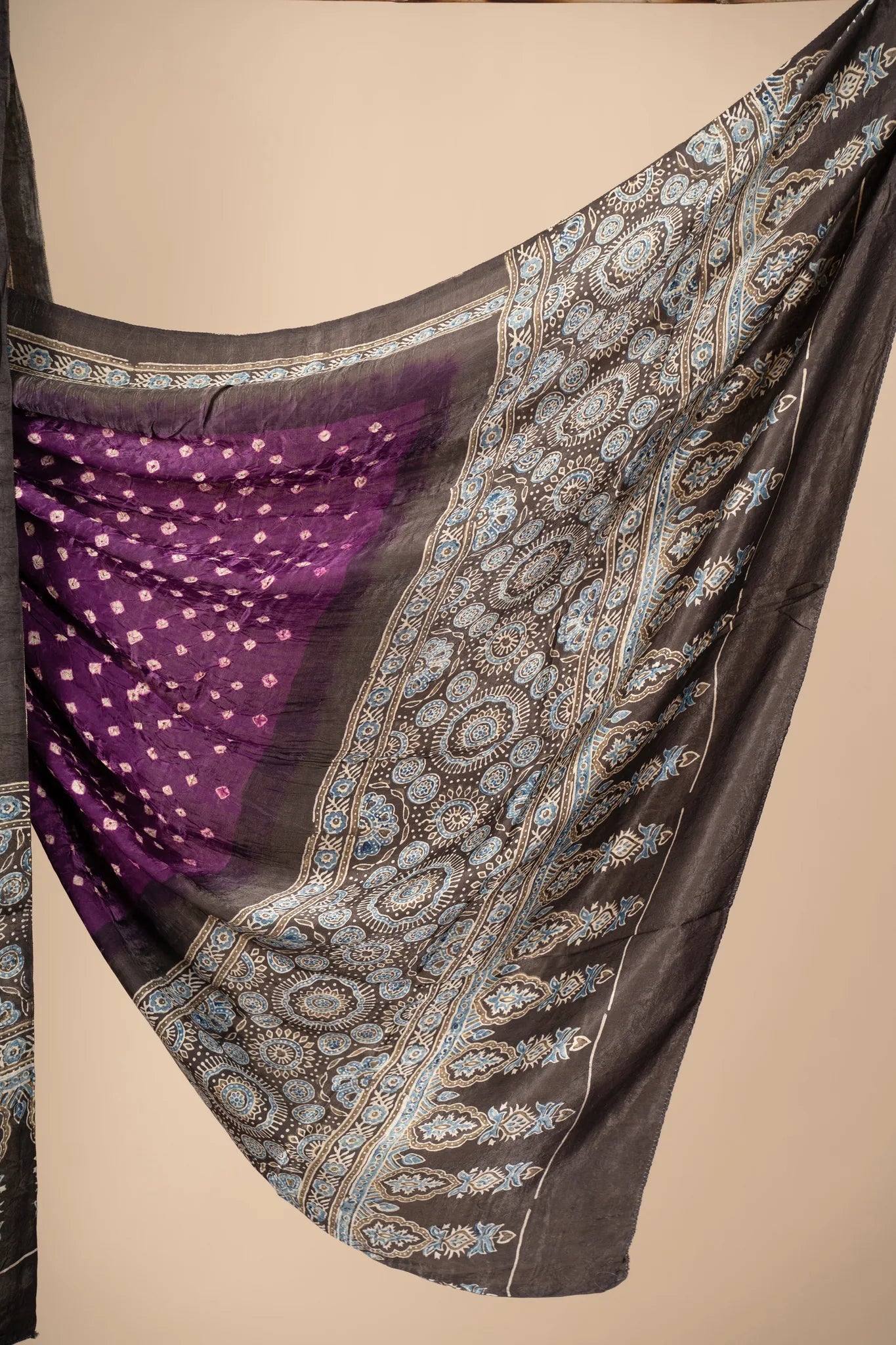 Purple Modal Silk Ajrakh Dupatta with Bandani work - view 3