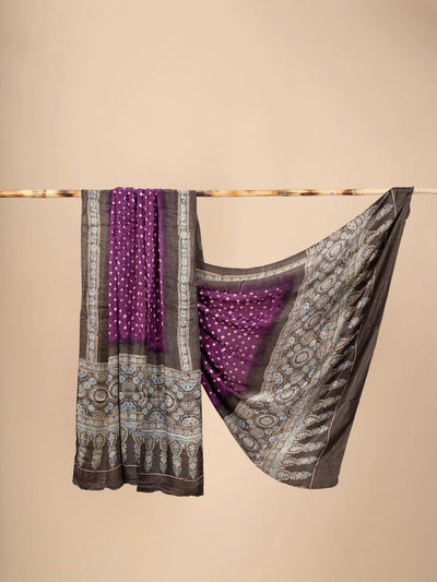 Purple Modal Silk Ajrakh Dupatta with Bandani work
