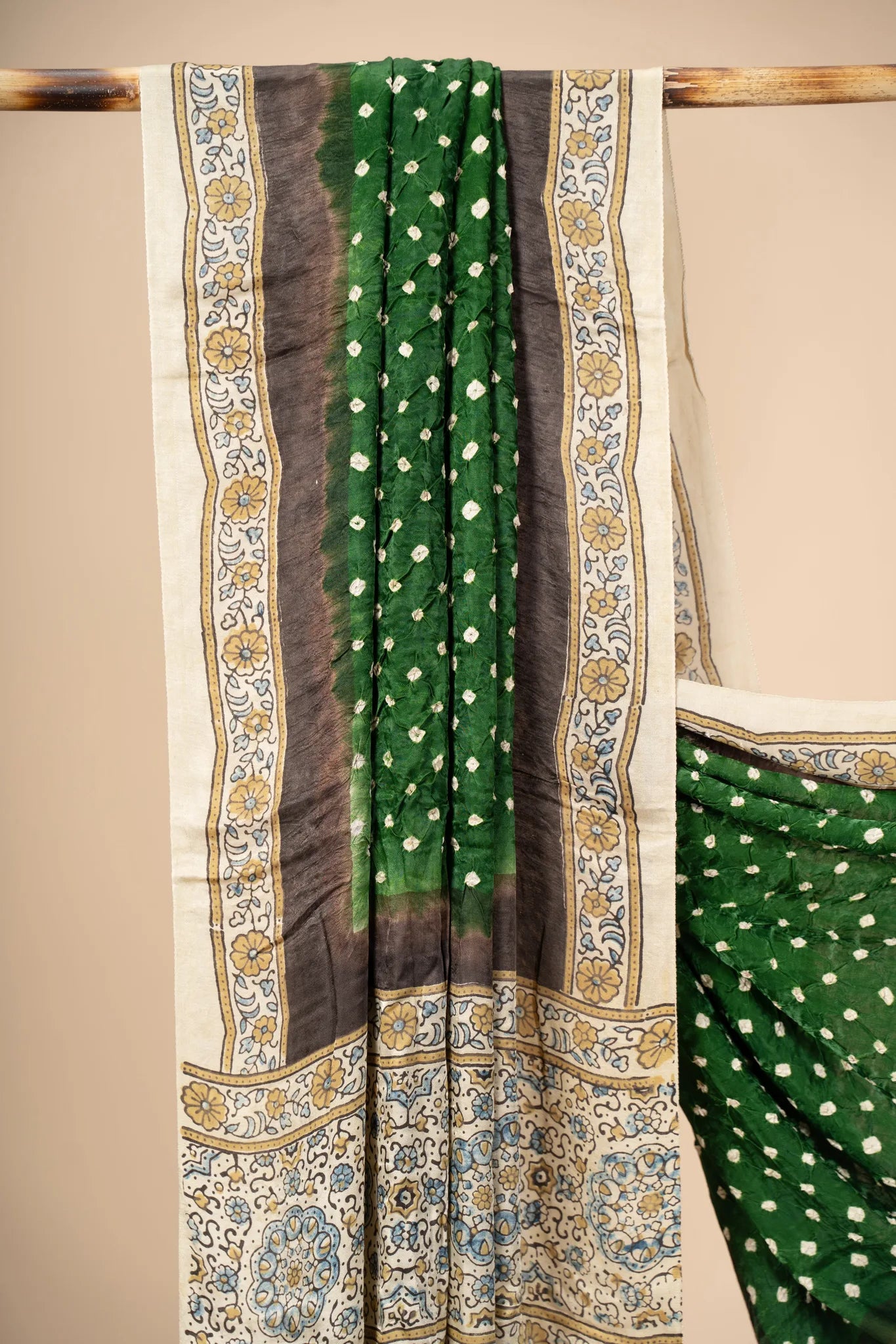 Green Modal Silk Ajrakh Dupatta with Bandani work - view 2