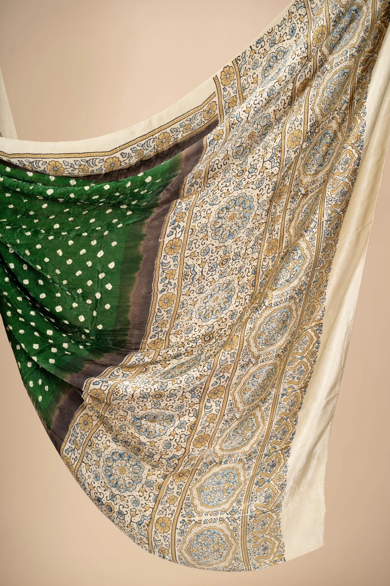 Green Modal Silk Ajrakh Dupatta with Bandani work - view 3