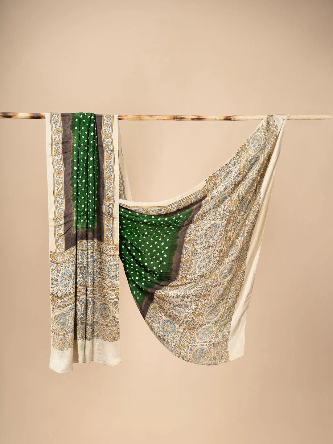 Green Modal Silk Ajrakh Dupatta with Bandani work