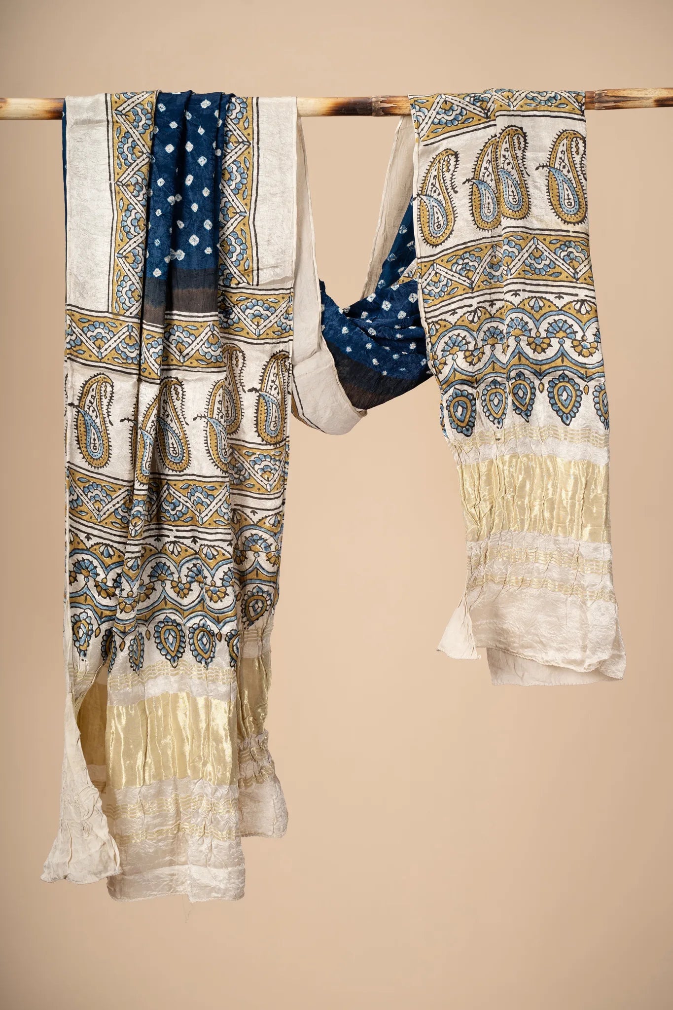 Blue Modal Silk Ajrakh Dupatta with Bandani work