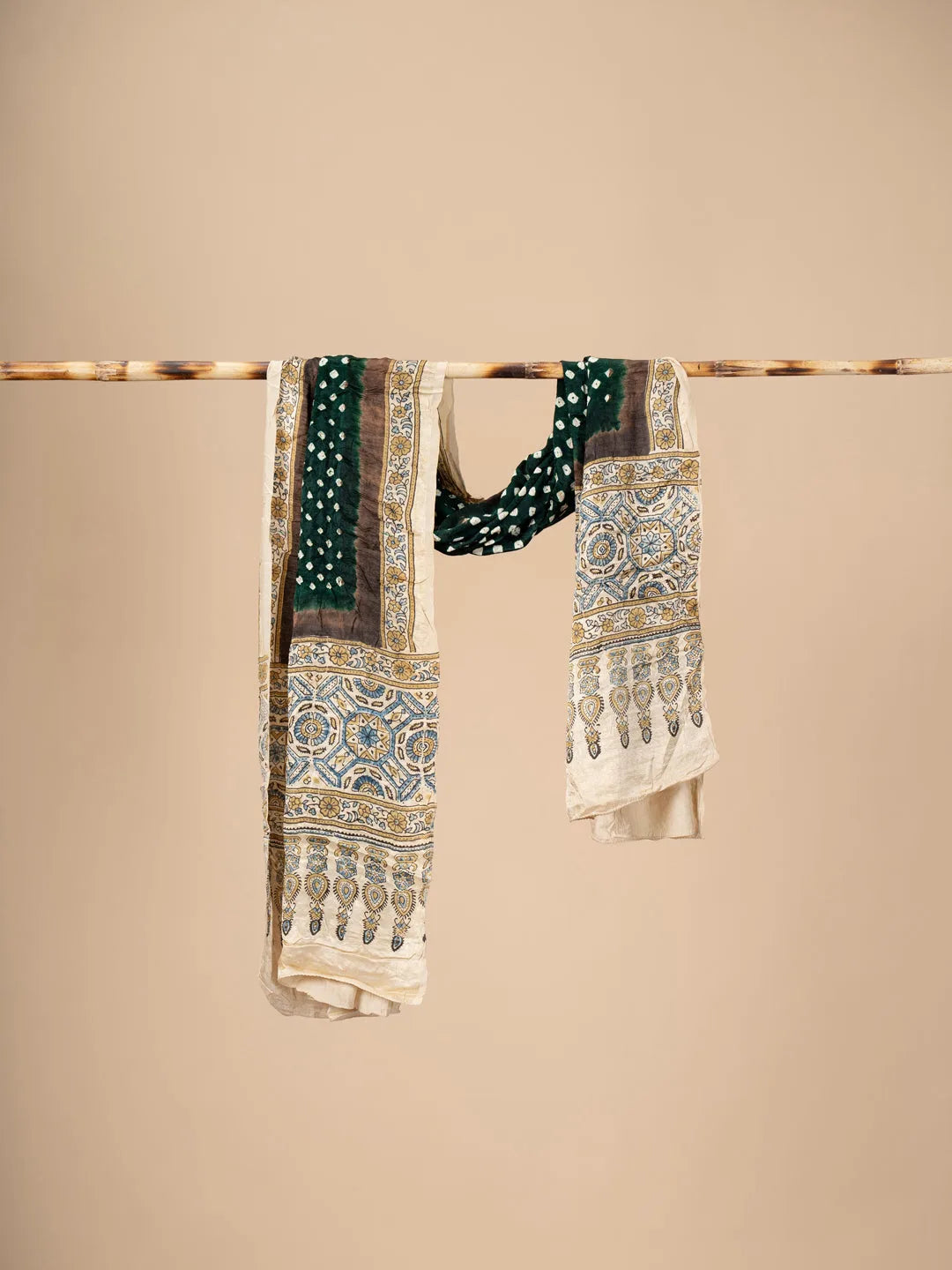 Dark Green Modal Silk Ajrakh Dupatta with Bandani work - view 2