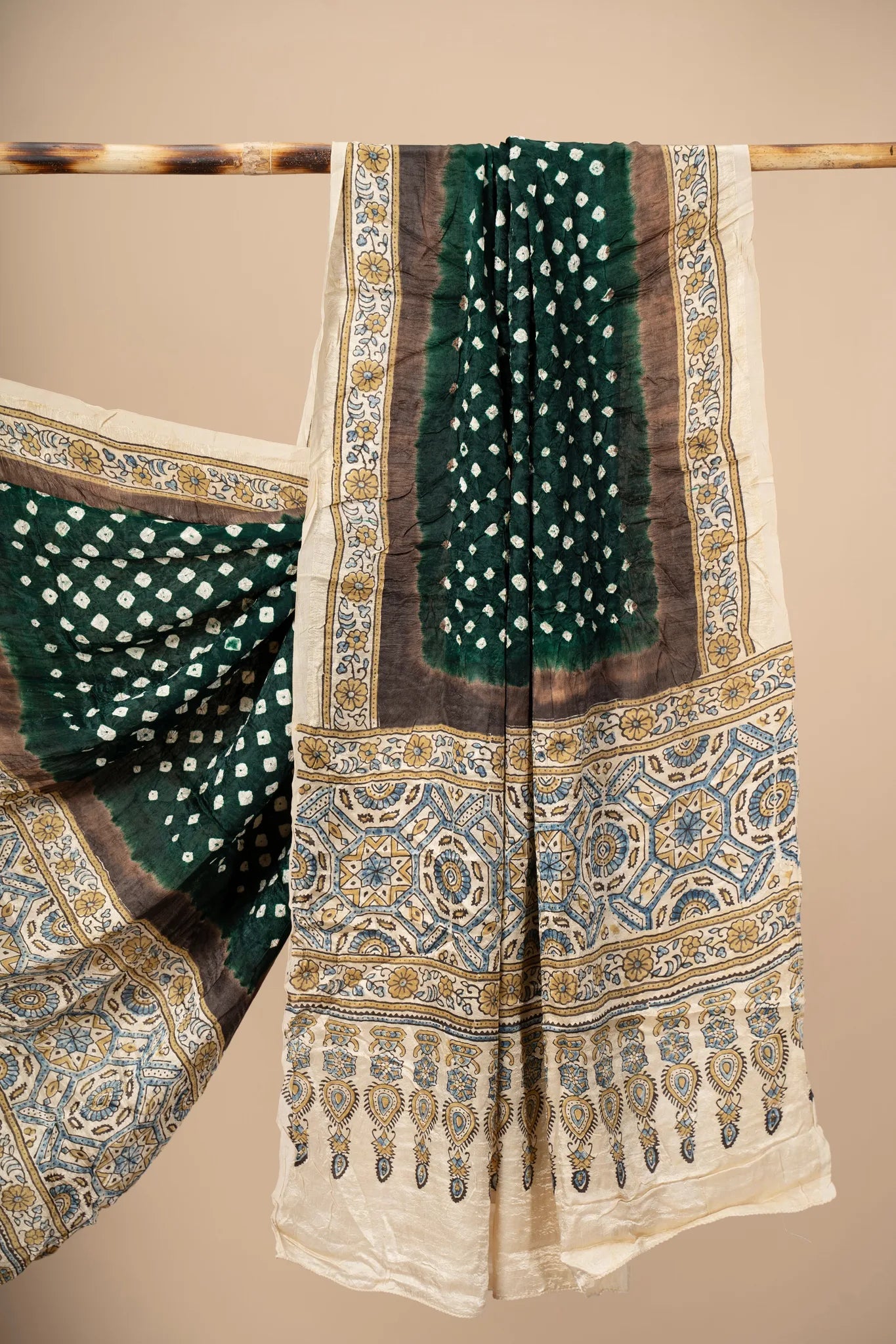 Dark Green Modal Silk Ajrakh Dupatta with Bandani work - view 3