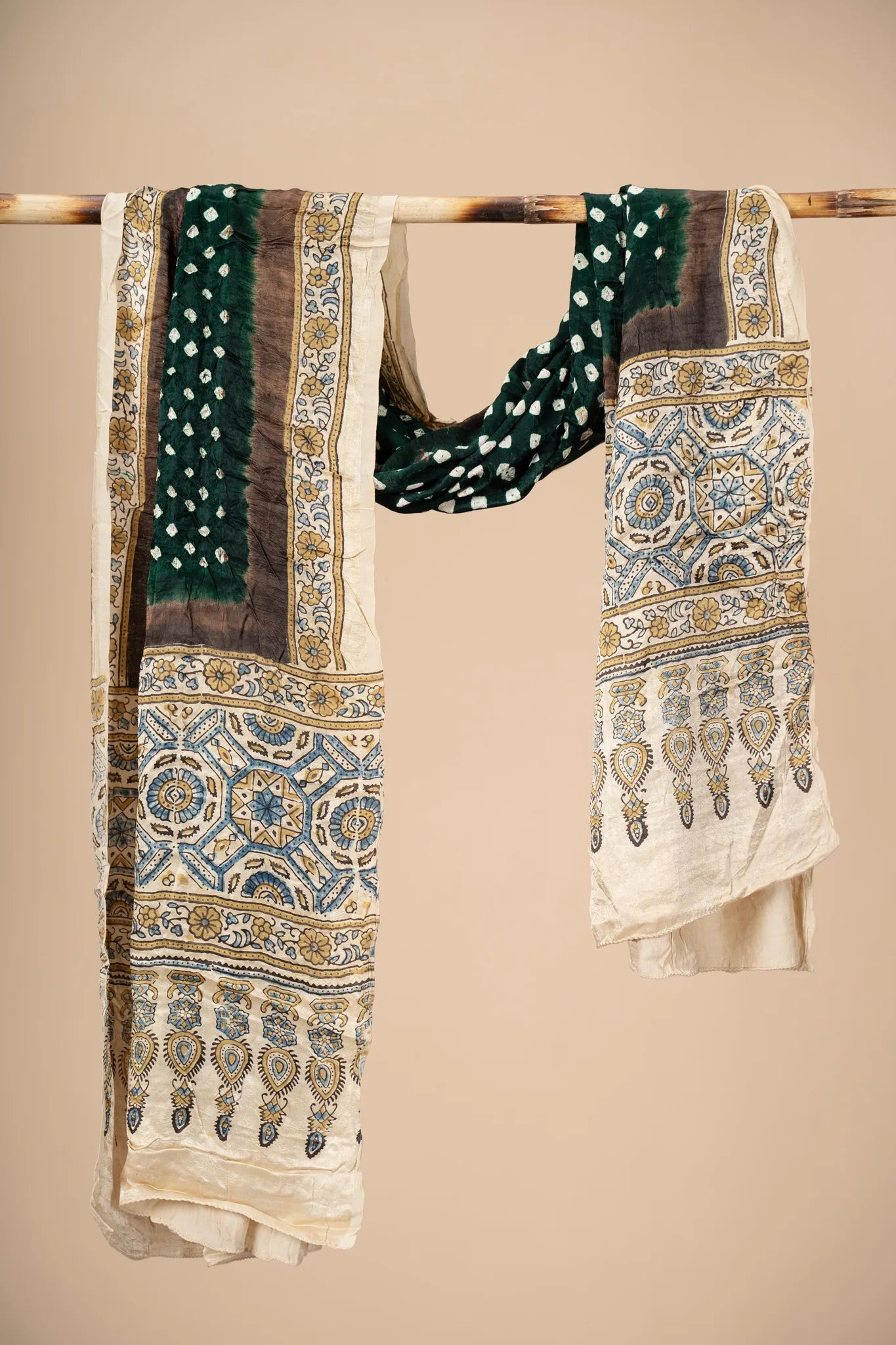 Dark Green Modal Silk Ajrakh Dupatta with Bandani work