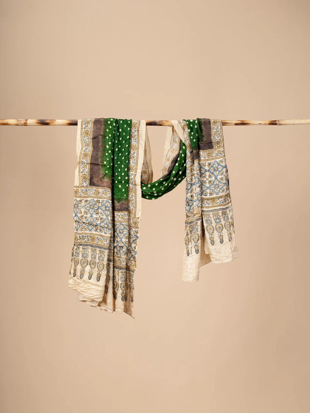 Green Modal Silk Ajrakh Dupatta with Bandani work - view 2