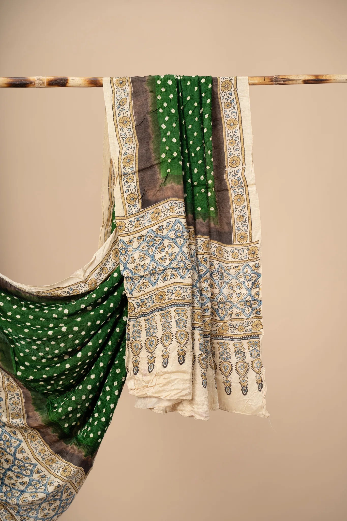Green Modal Silk Ajrakh Dupatta with Bandani work - view 3