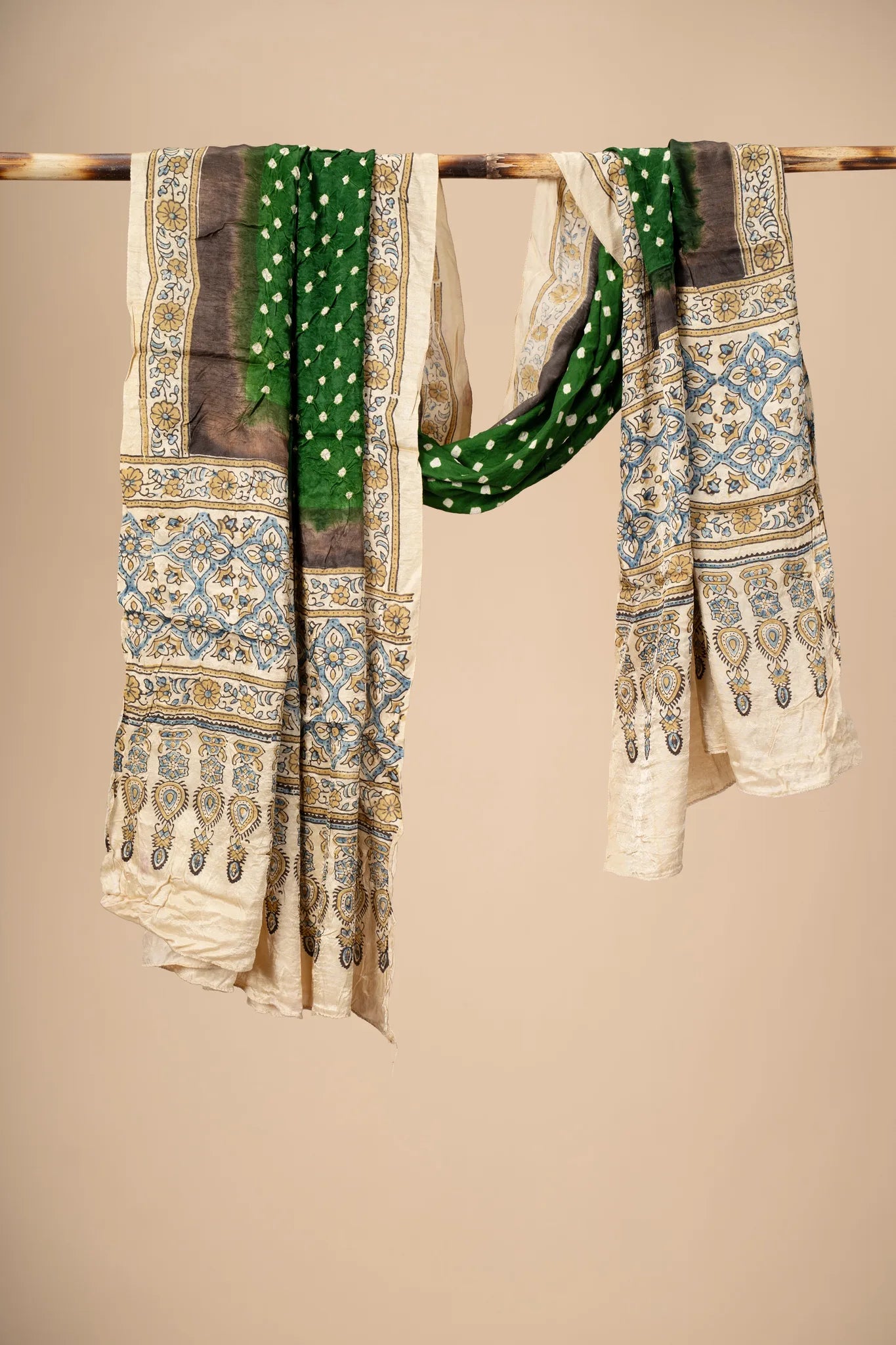 Green Modal Silk Ajrakh Dupatta with Bandani work