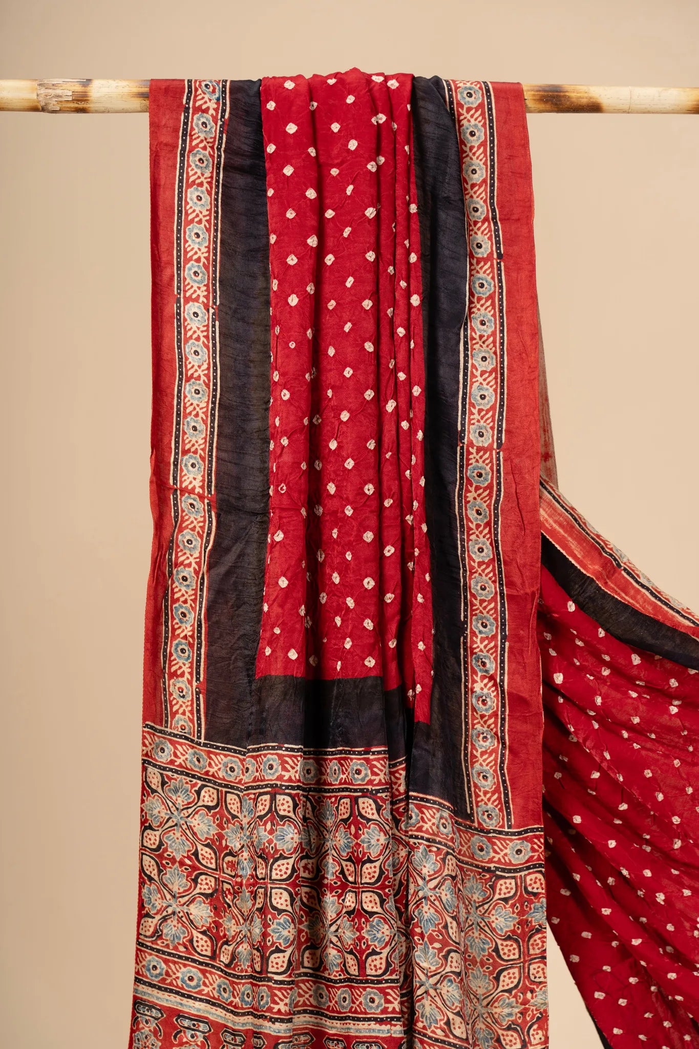 Red Modal Silk Ajrakh Dupatta with Bandani work - view 2