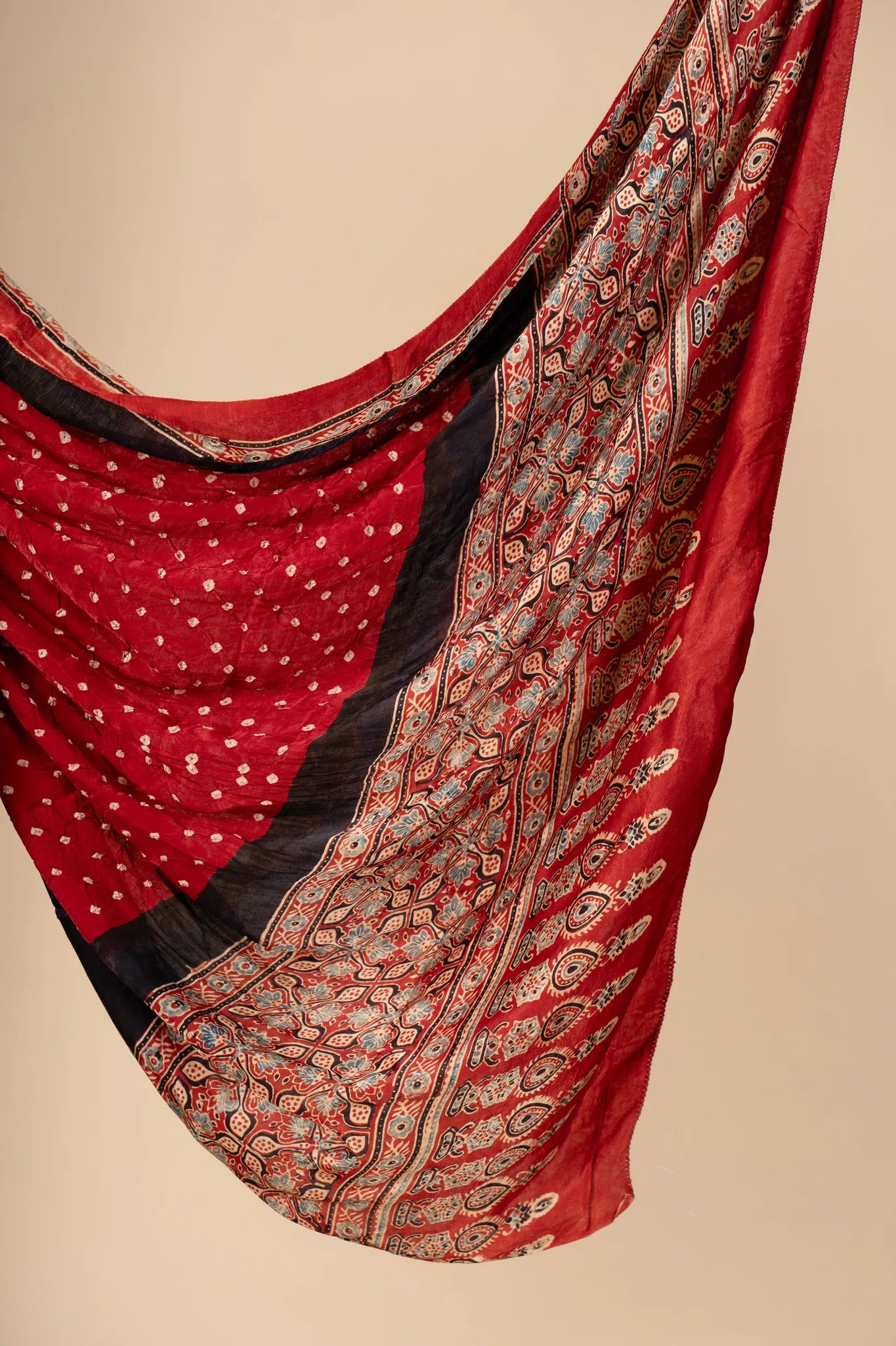 Red Modal Silk Ajrakh Dupatta with Bandani work - view 3
