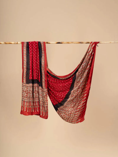 Red Modal Silk Ajrakh Dupatta with Bandani work