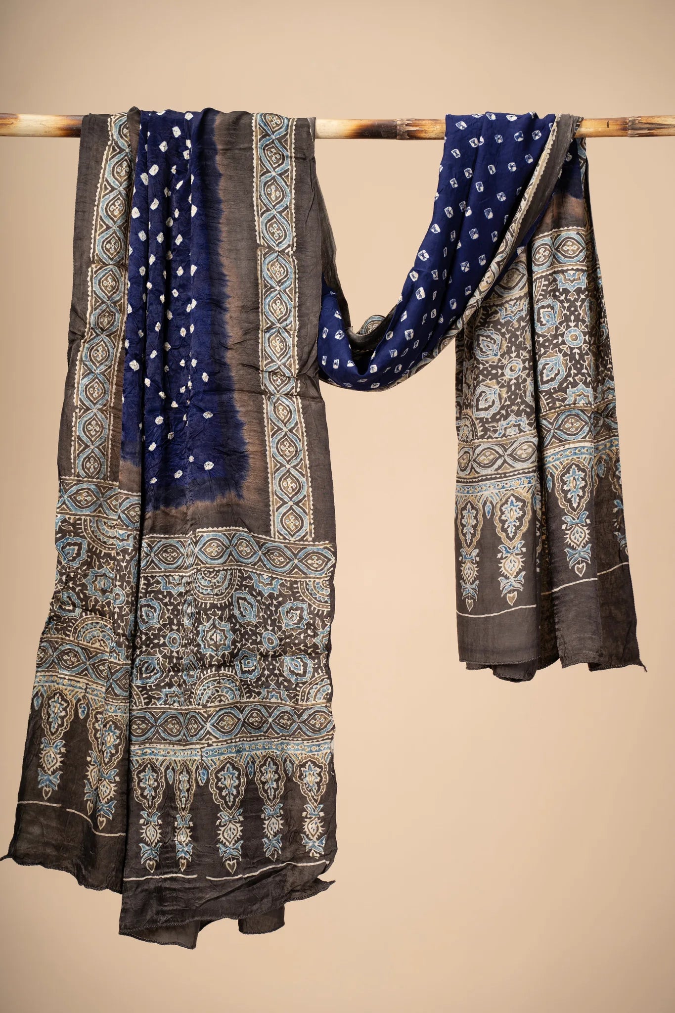 Dark Blue Modal Silk Ajrakh Dupatta with Bandani work