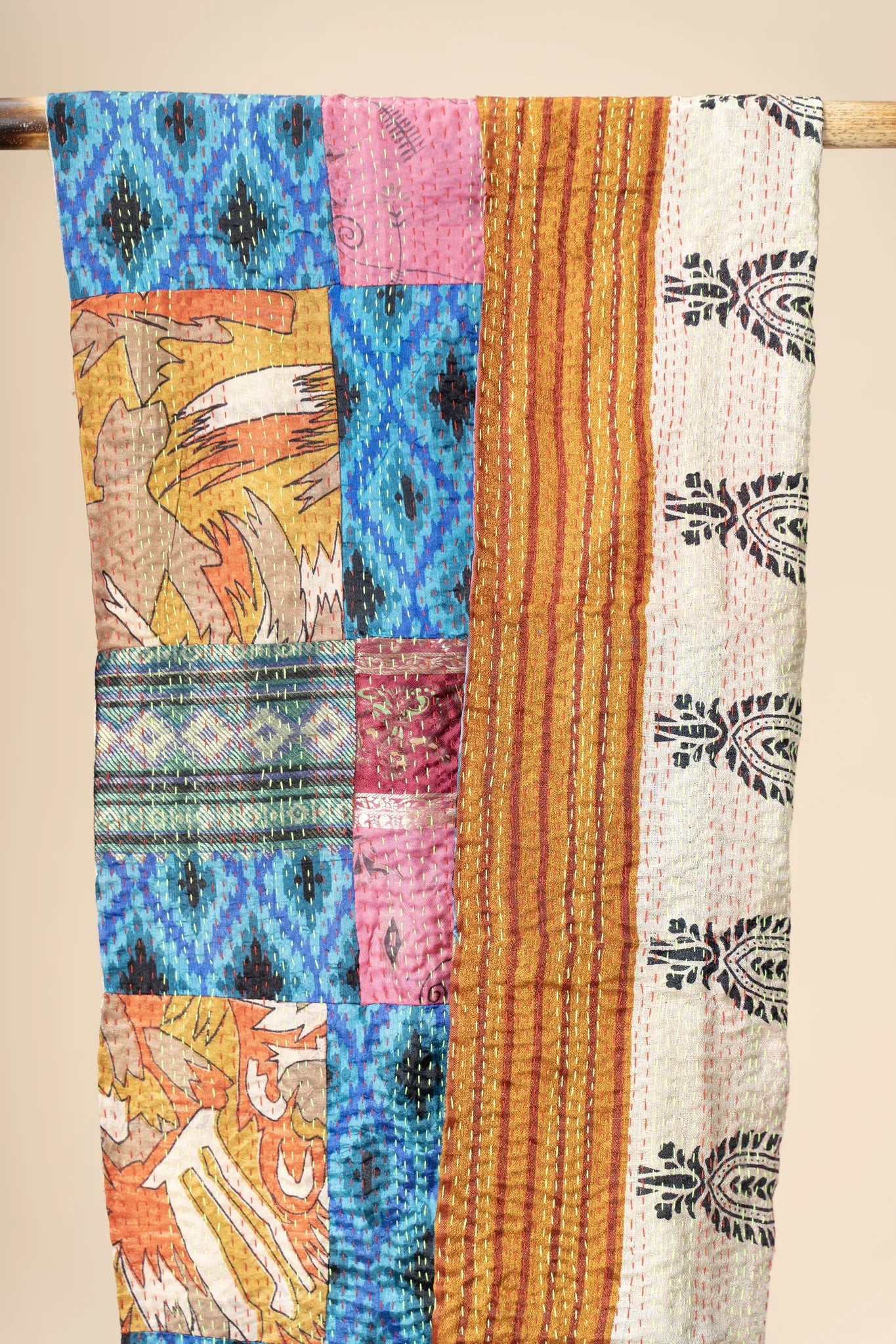 Multicoloured Reversible Patchwork Silk Stole - view 3