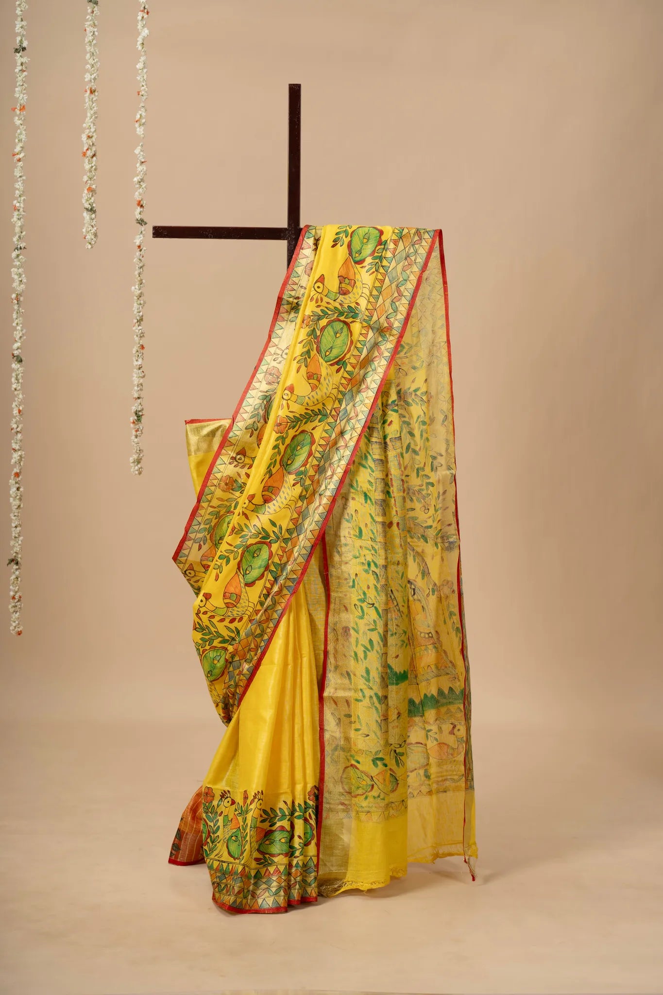 Mustard Yellow Hand-Painted Madhubani Linen Saree - view 2