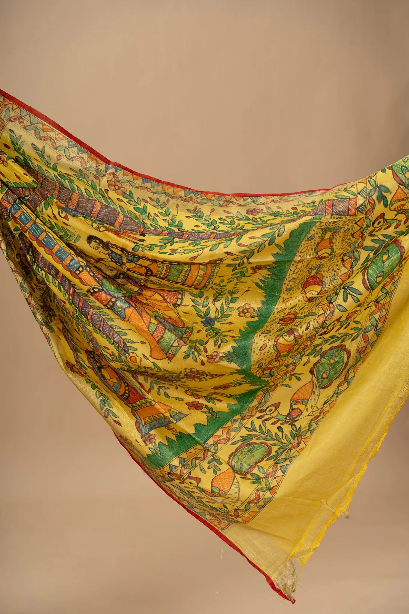 Mustard Yellow Hand-Painted Madhubani Linen Saree - view 3