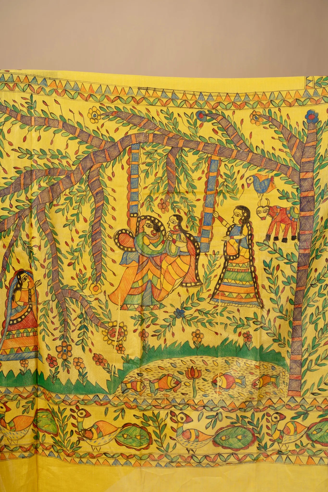 Mustard Yellow Hand-Painted Madhubani Linen Saree - view 4